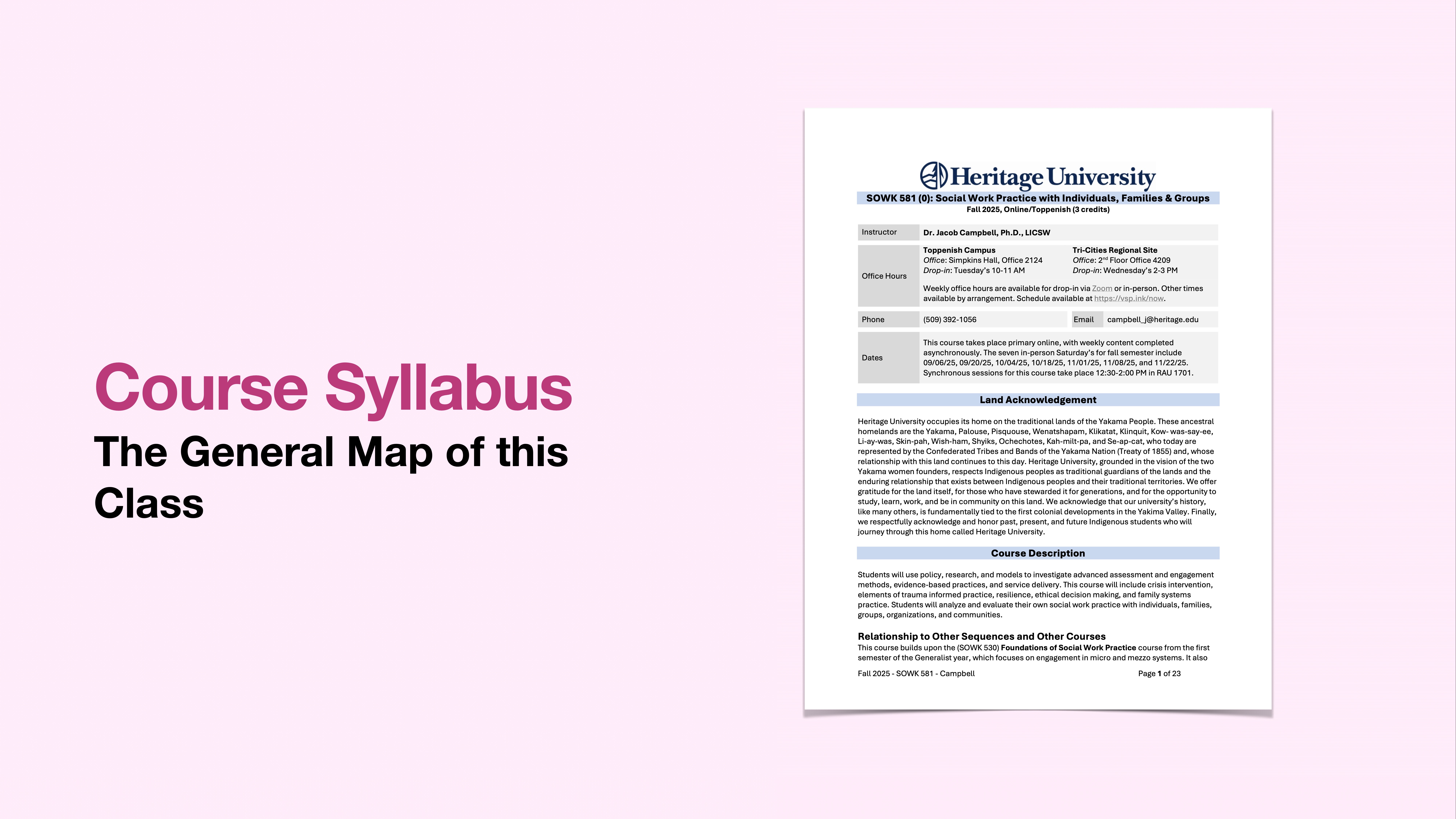 The image shows a slide with a course syllabus document from Heritage University on the right. On the left, text reads: 'Course Syllabus: The General Map of this Class' against a pink background.