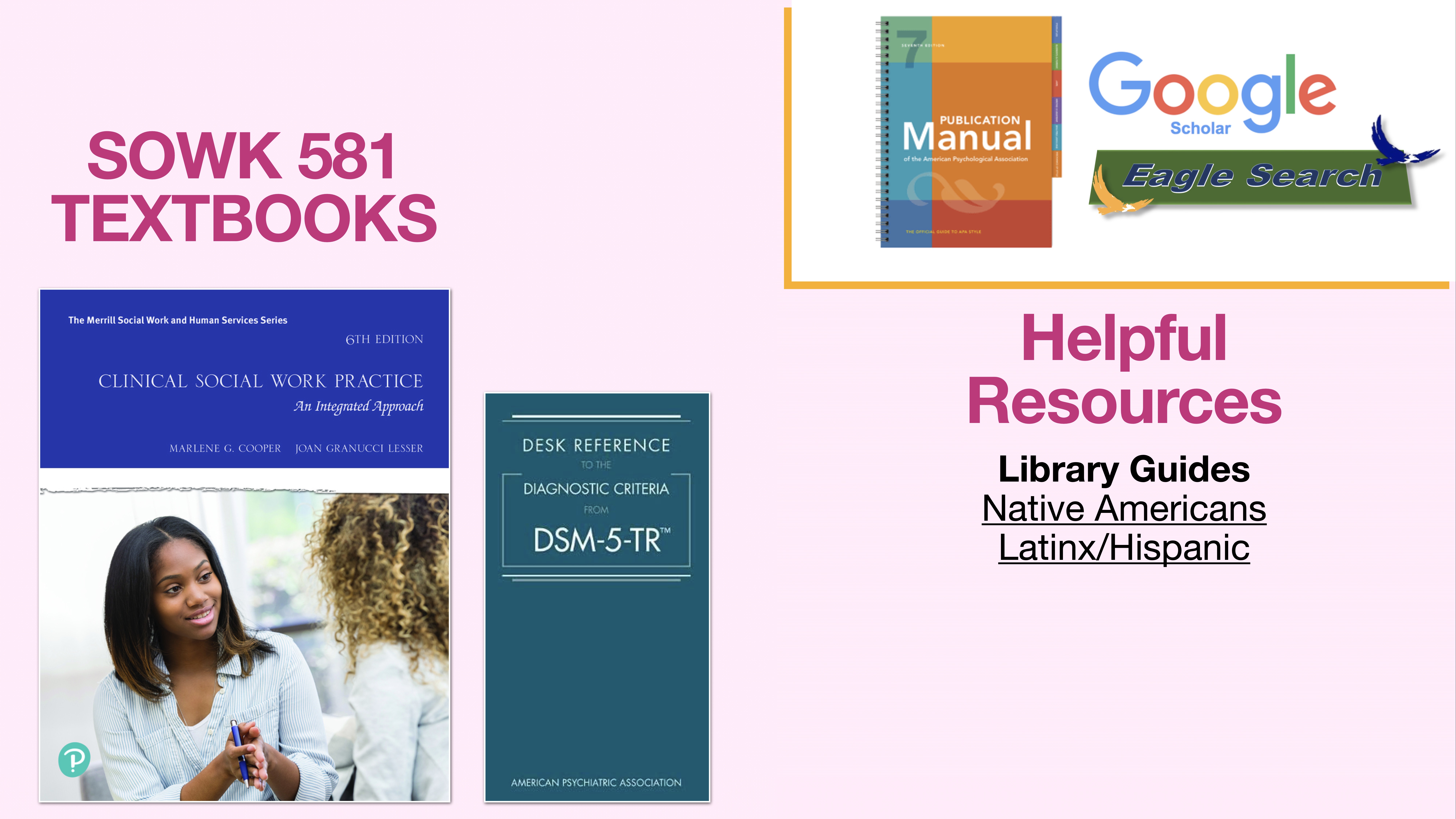 The image shows textbooks and resources for 'SOWK 581.' It includes 'Clinical Social Work Practice' and 'DSM-5-TR' books. Resources mentioned are library guides for Native Americans and Latinx/Hispanic. The background is pink.