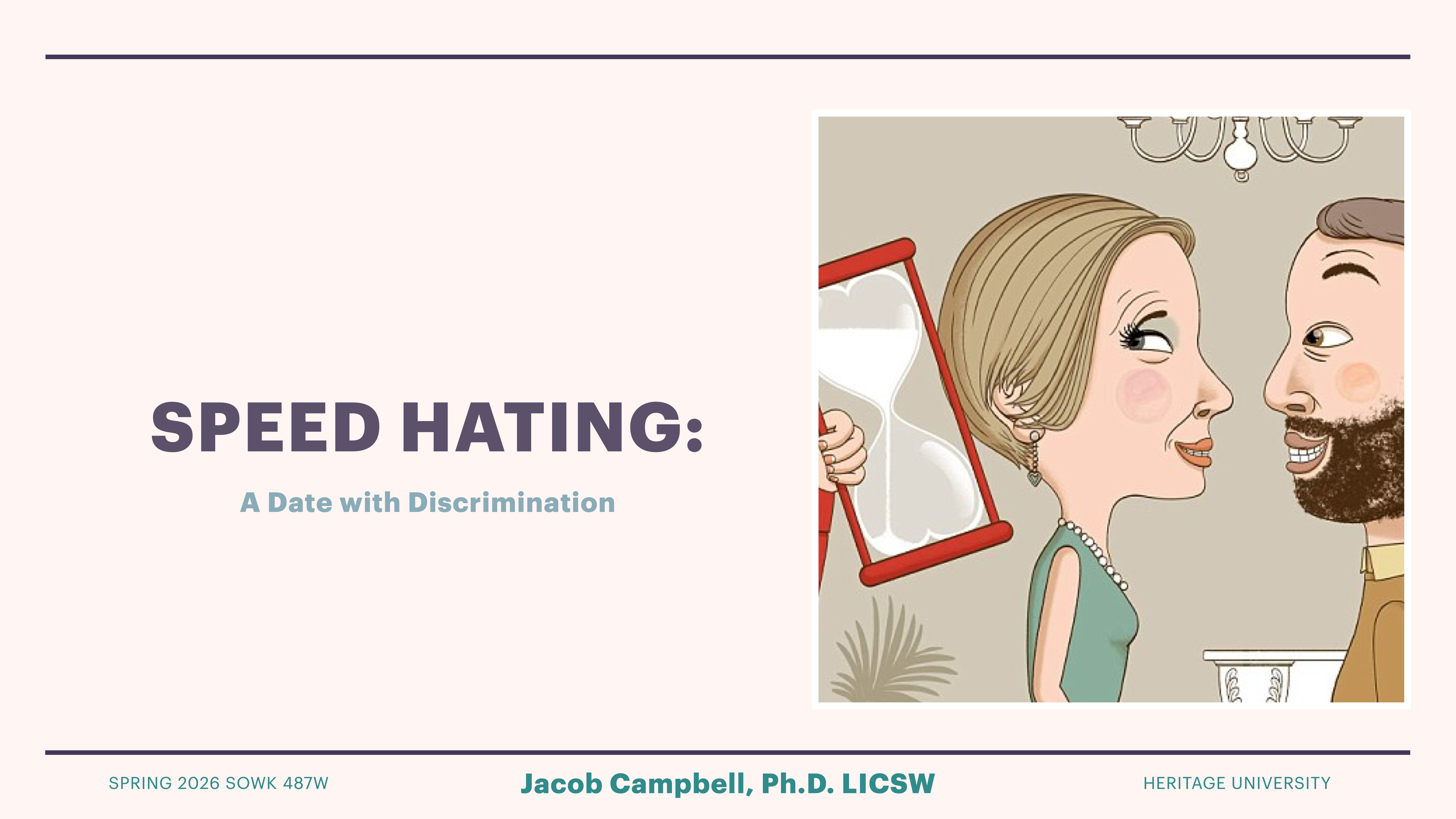 The slide features a man and woman facing each other, with the woman holding an hourglass. Text reads 'SPEED HATING: A Date with Discrimination.' Context includes 'SPRING 2026 SOWK 487W,' 'Jacob Campbell, Ph.D. LICSW,' and 'HERITAGE UNIVERSITY.'