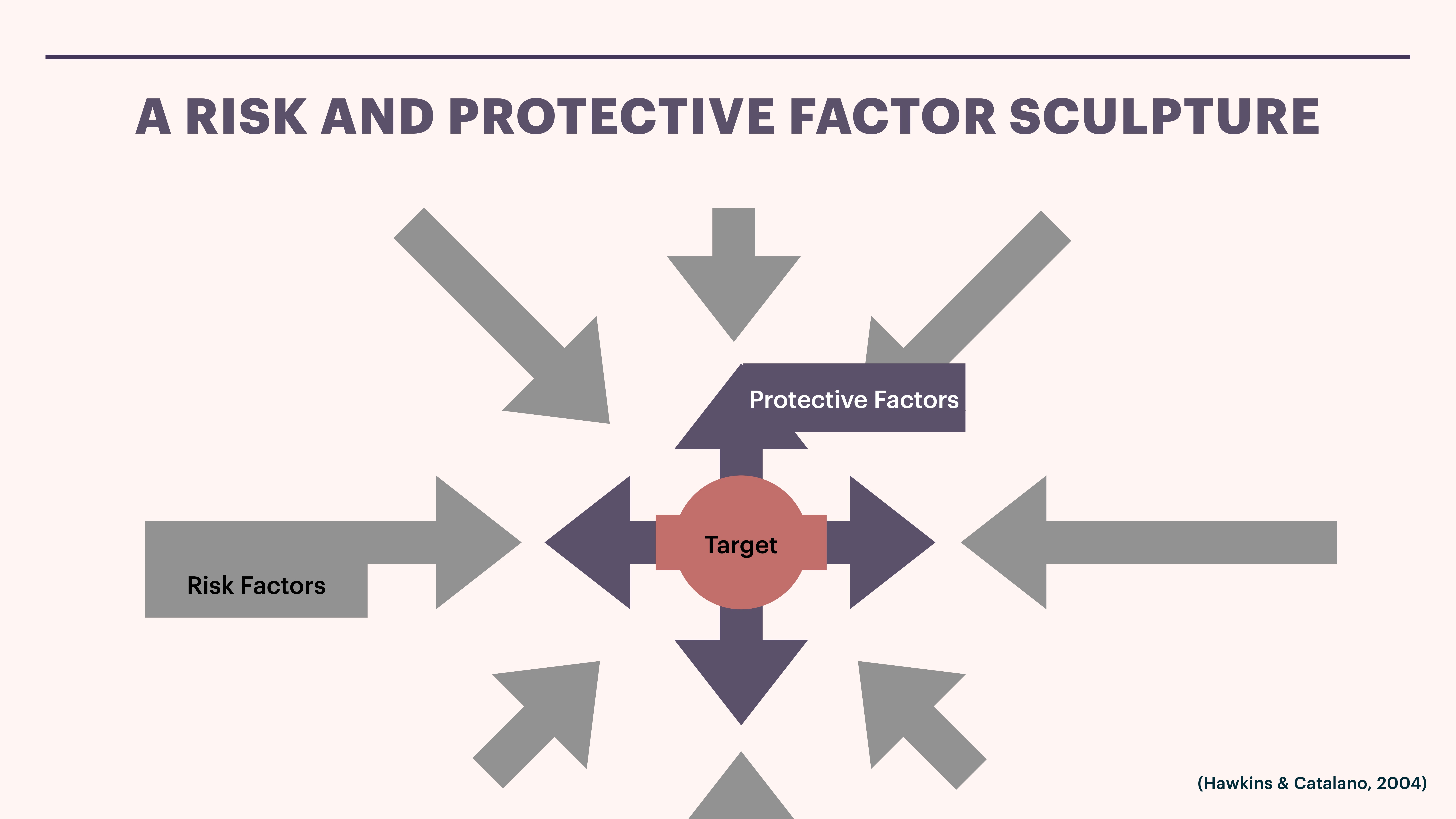 Arrows point towards a central red circle labeled 'Target.' Gray arrows are labeled 'Risk Factors,' while purple arrows are labeled 'Protective Factors,' illustrating influences on the target. Text reads: 'A RISK AND PROTECTIVE FACTOR SCULPTURE.' (Hawkins & Catalano, 2004).