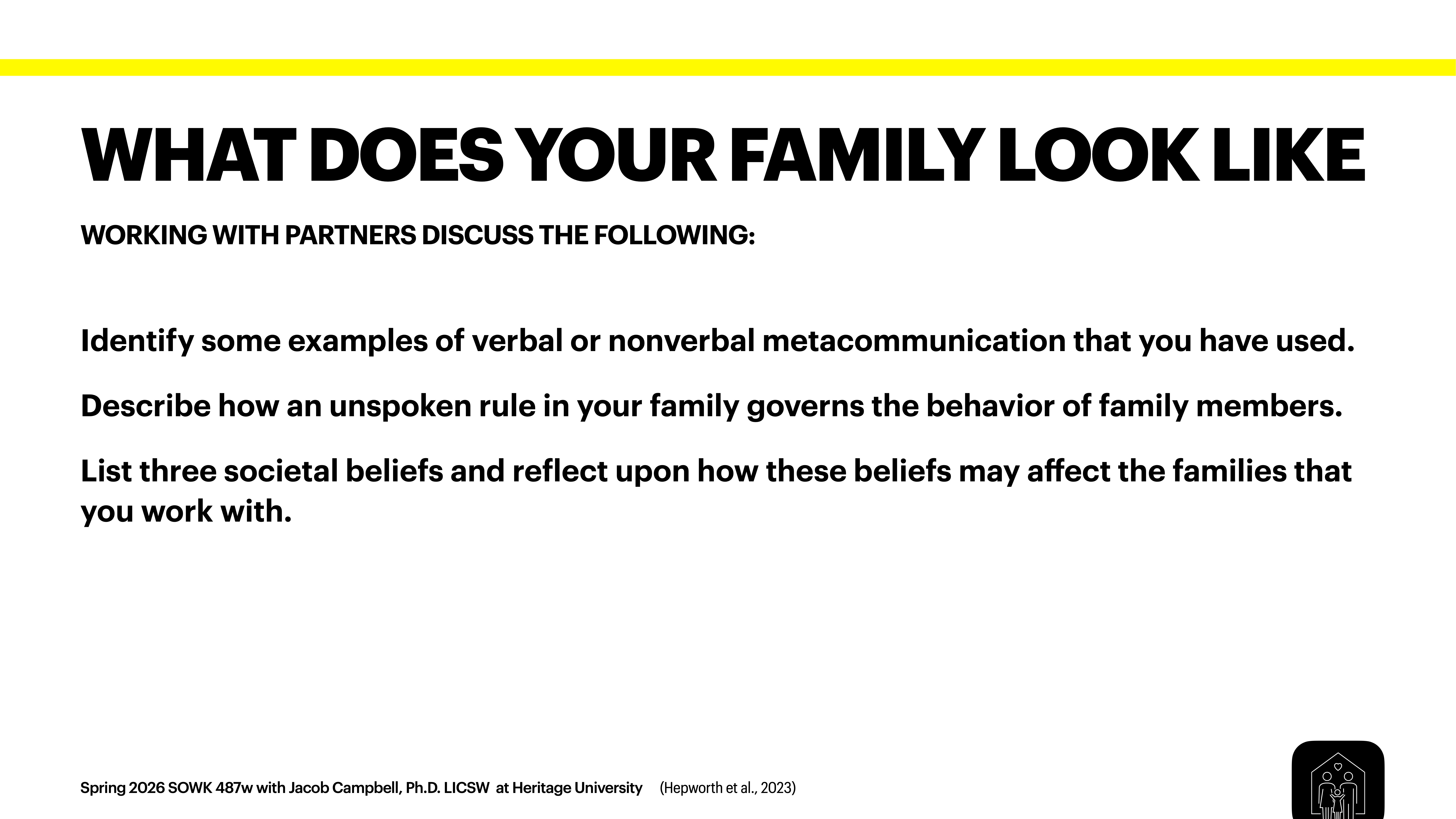 **Object**: Presentation slide**Action**: Displays discussion prompts**Context**: Instructs partners to discuss family dynamics, metacommunication, unspoken rules, and societal beliefs.**Text**: - 'WHAT DOES YOUR FAMILY LOOK LIKE'- 'WORKING WITH PARTNERS DISCUSS THE FOLLOWING:'- 'Identify some examples of verbal or nonverbal metacommunication that you have used.'- 'Describe how an unspoken rule in your family governs the behavior of family members.'- 'List three societal beliefs and reflect upon how these beliefs may affect the families that you work with.'- 'Spring 2026 SOWK 487w with Jacob Campbell, Ph.D LICSW at Heritage University (Hepworth et al., 2023)'