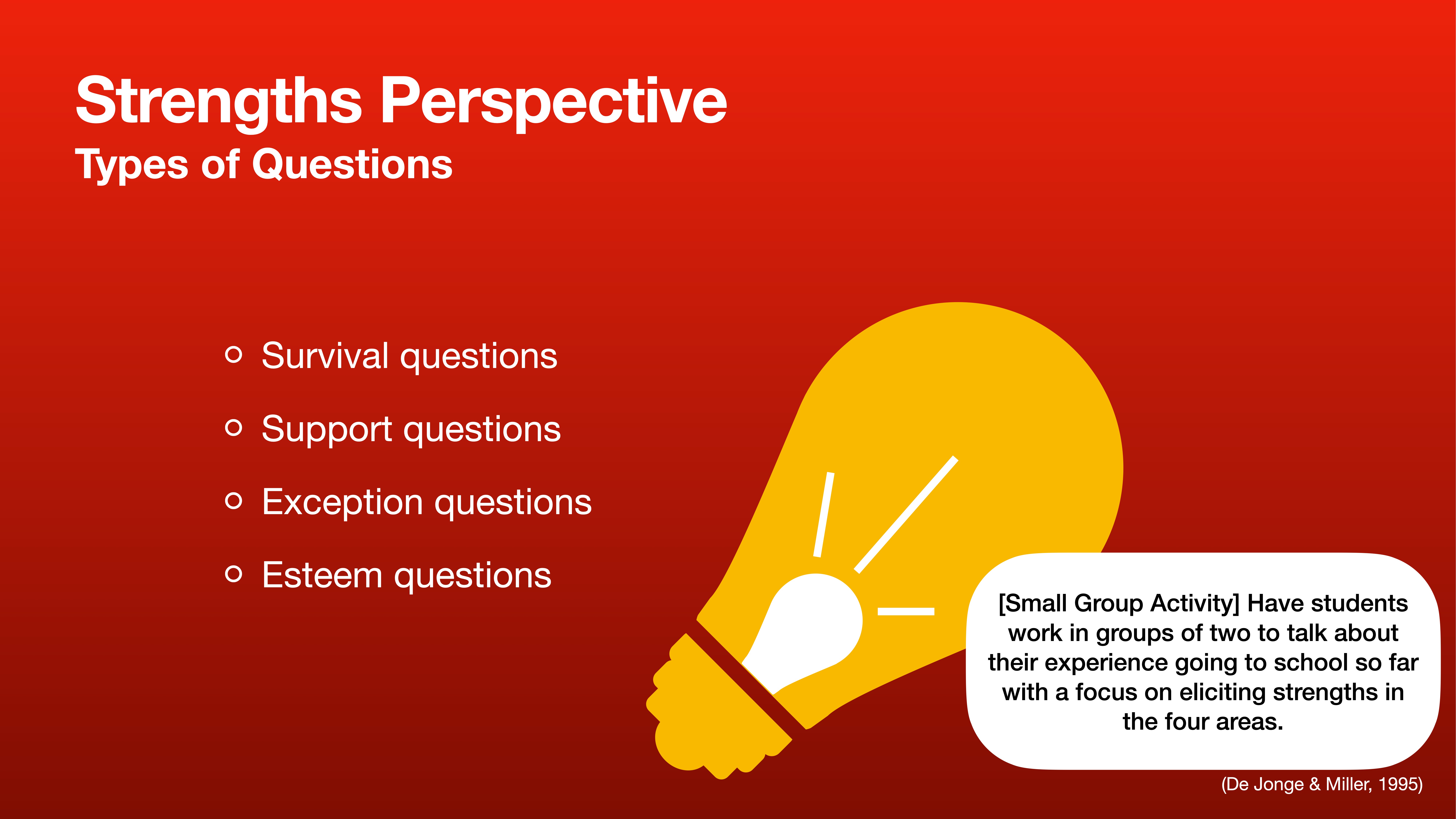 A red presentation slide features a yellow light bulb graphic. Text lists four question types: survival, support, exception, and esteem questions. A note suggests a small group activity discussing strengths.