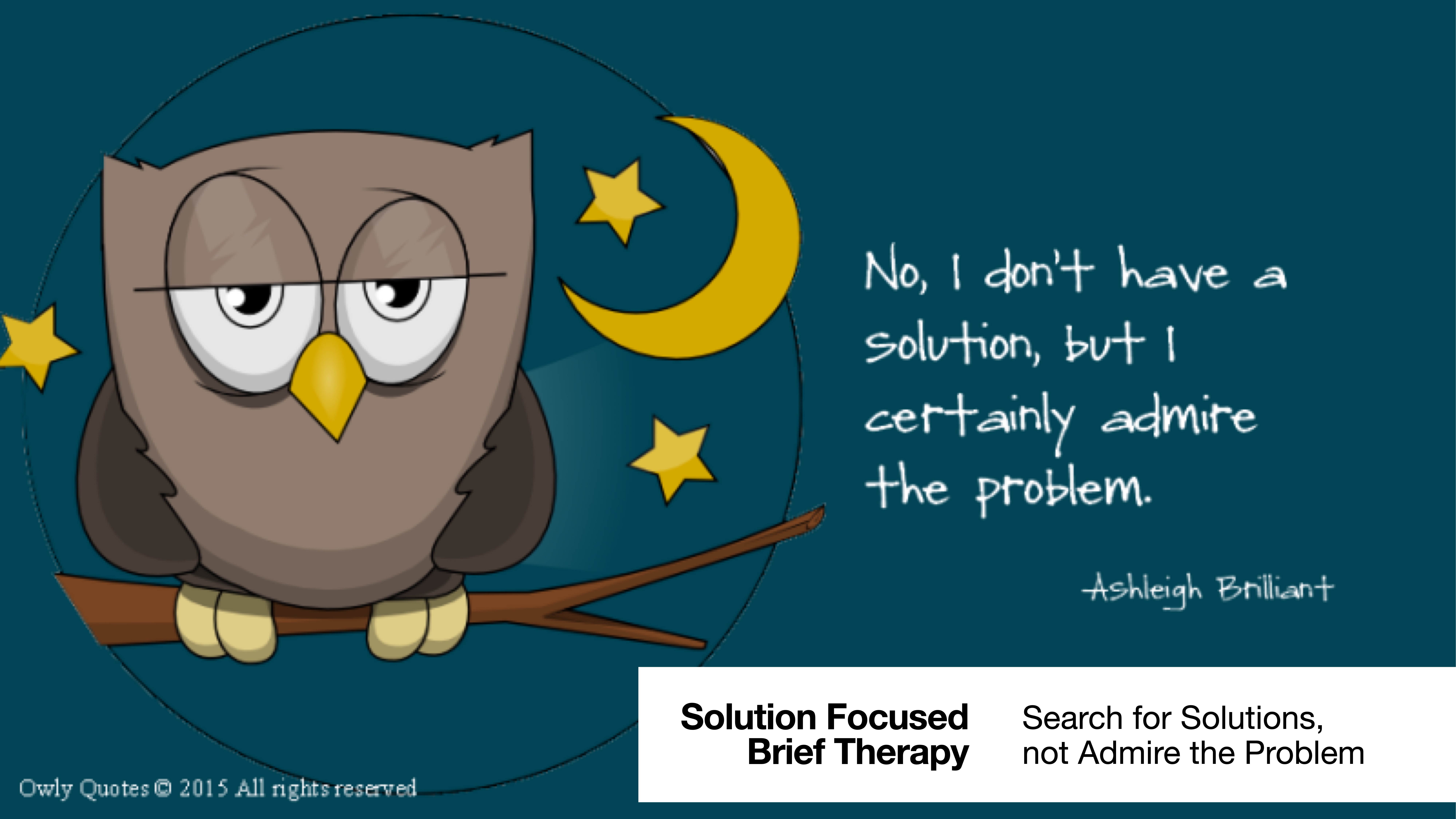 Cartoon owl sits on a branch under stars and crescent moon, looking contemplative. Text reads, “No, I don’t have a solution, but I certainly admire the problem.” © Ashleigh Brilliant. Additional text: 'Solution Focused Brief Therapy: Search for Solutions, not Admire the Problem.'