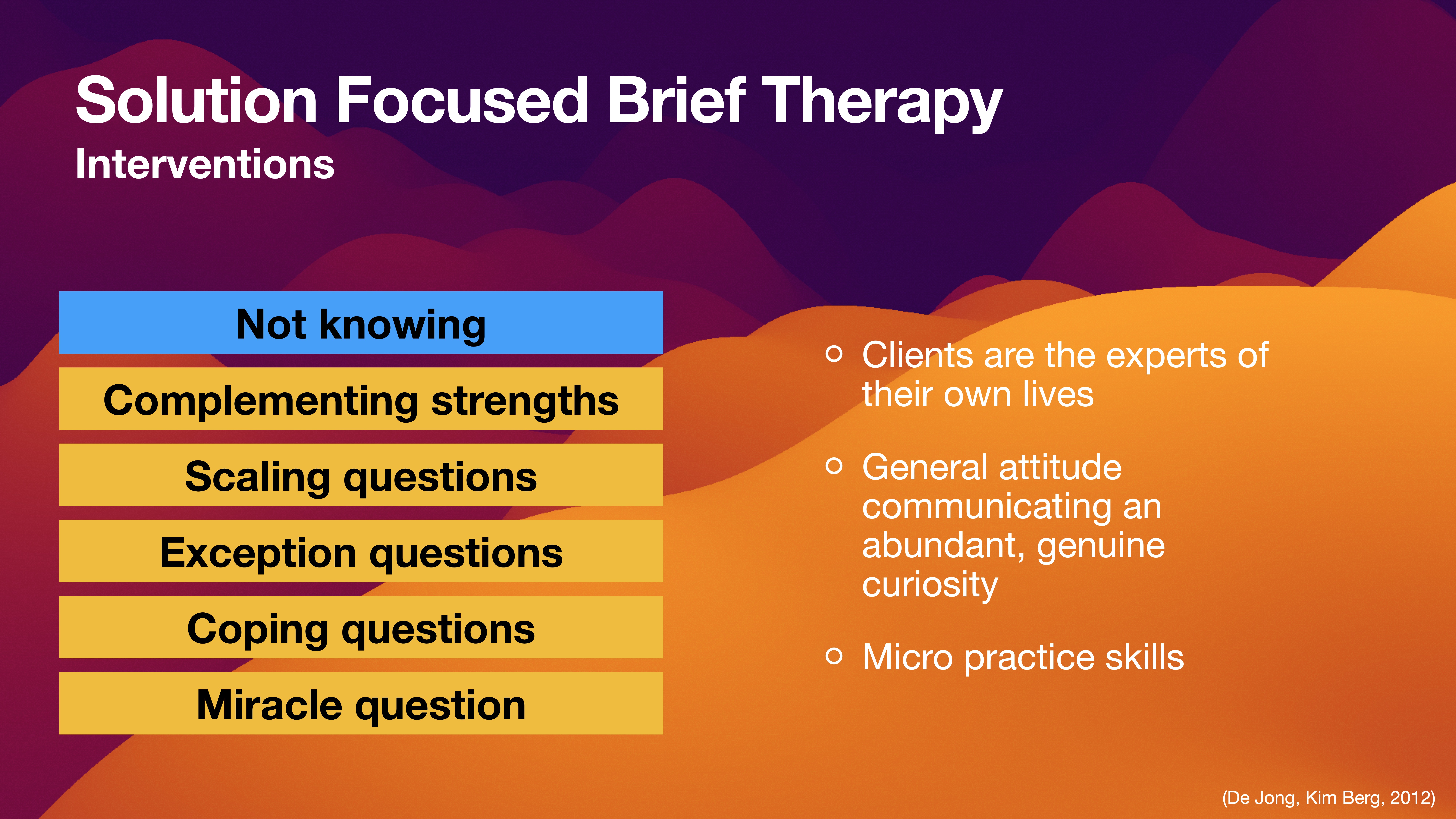 A slide titled 'Solution Focused Brief Therapy' displays interventions including 'Not knowing,' 'Complementing strengths,' 'Scaling questions,' 'Exception questions,' 'Coping questions,' and 'Miracle question.' Key points: clients are life experts; genuine curiosity; micro skills.