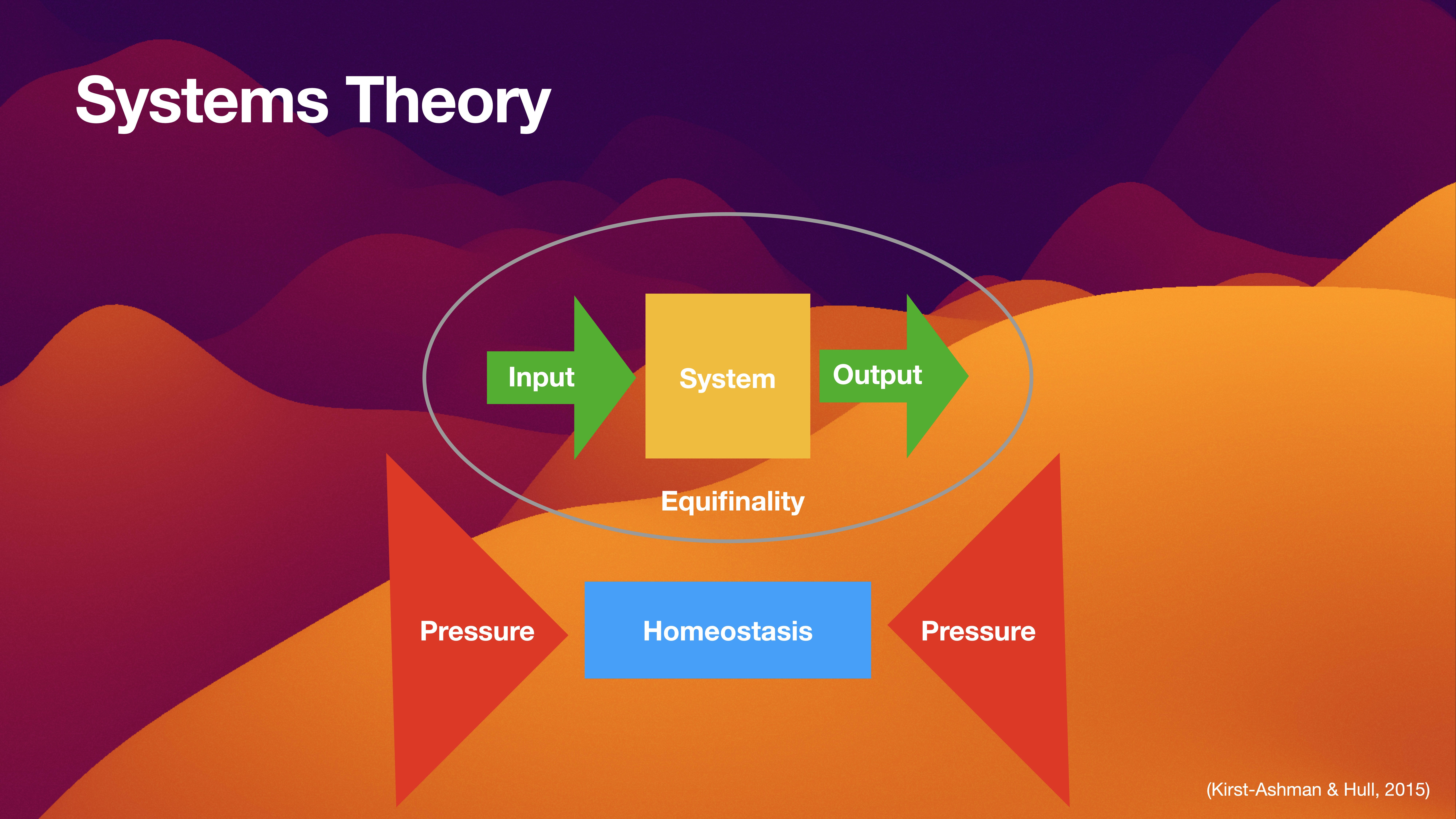 Diagram illustrating systems theory with components: 'Input' and 'Output' arrows connected to 'System' square, surrounded by 'Equifinality' oval. 'Homeostasis' blue box below, flanked by 'Pressure' red triangles. Background features abstract hills.