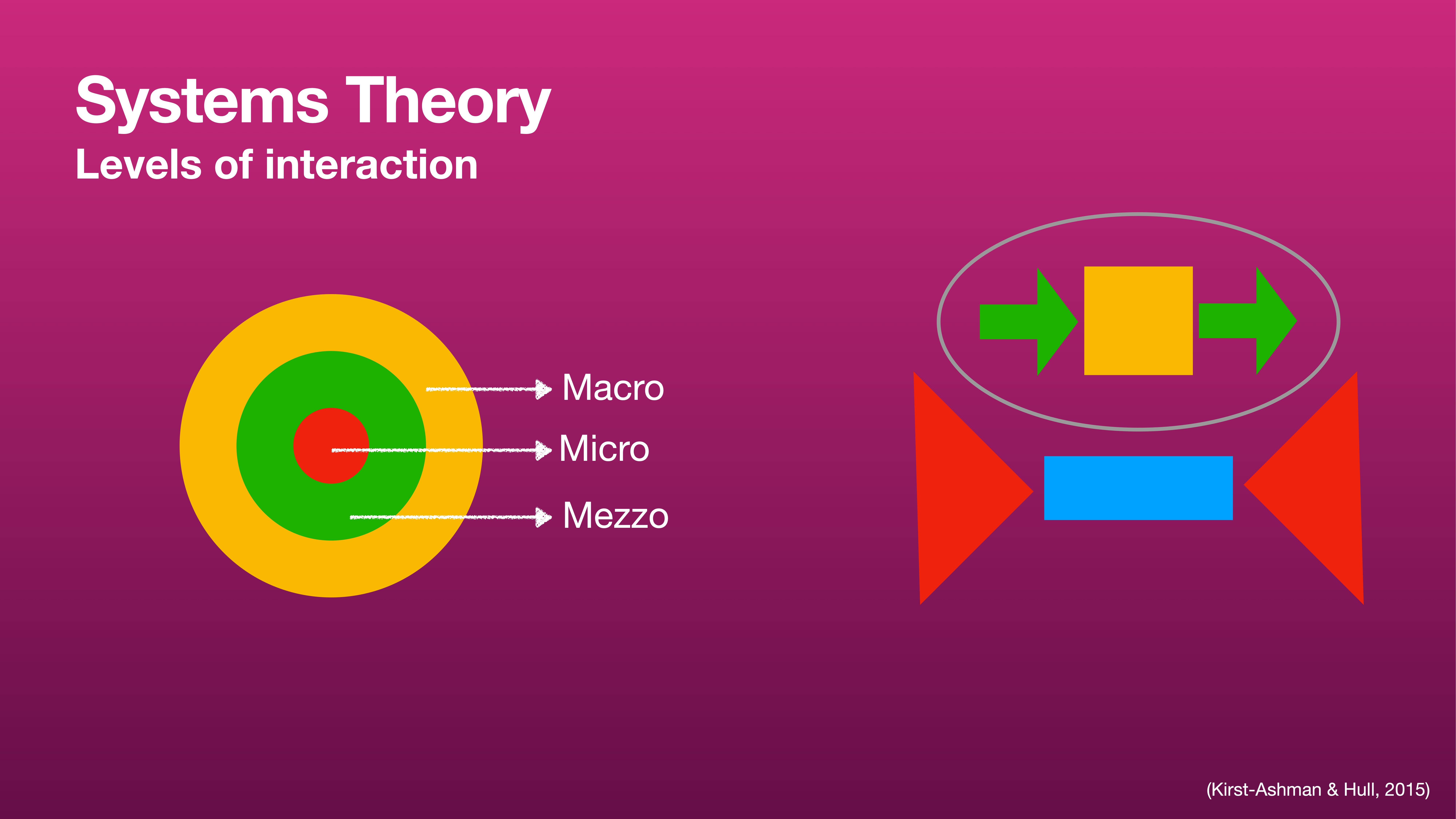 A diagram on a purple background shows 'Systems Theory: Levels of interaction' with concentric circles labeled Macro, Micro, Mezzo, and abstract shapes on the right side. (Kirst-Ashman & Hull, 2015)