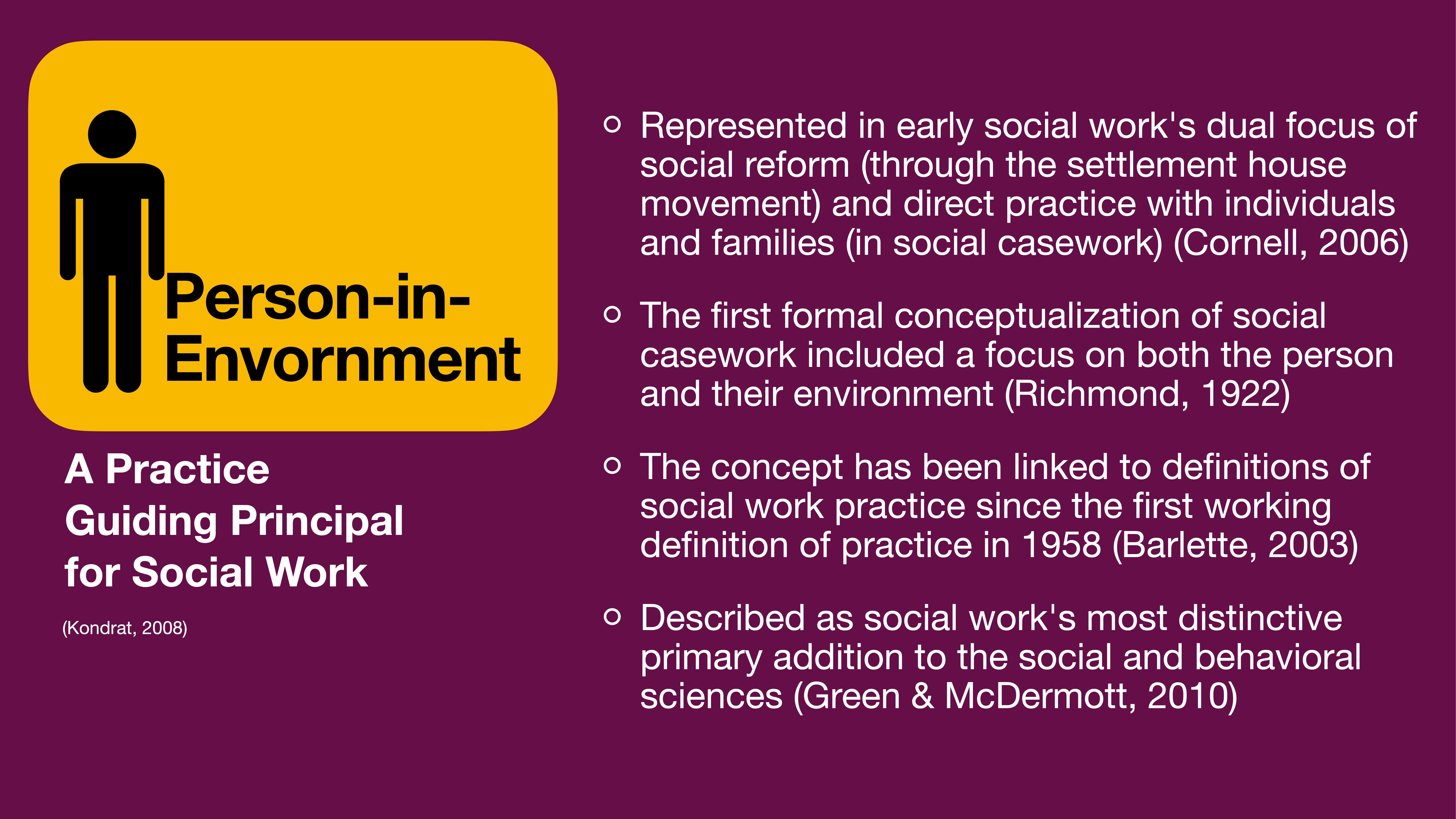 A slide features a yellow icon of a person labeled 'Person-in-Environment' and describes 'A Practice Guiding Principal for Social Work.' It includes historical and conceptual notes: Cornell (2006), Richmond (1922), Barlette (2003), Green & McDermott (2010).