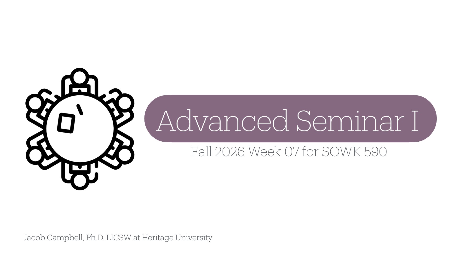 A presentation title slide features a collaborative icon (people arranged around a circle) on the left and a purple banner reading 'Advanced Seminar I' alongside subtitle text 'Fall 2026 Week 07 for SOWK 590,' with author attribution 'Jacob Campbell, Ph.D. LICSW at Heritage University' at the bottom, introducing an academic seminar course.