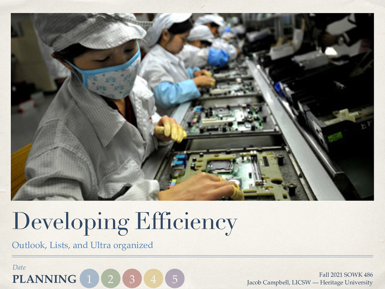 Developing Efficiency Outlook, Lists, and Ultra organized Date PLANNING 1 2 3 4 5 Fall 2021 SOWK 486 Jacob Campbell, LICSW — Heritage University
