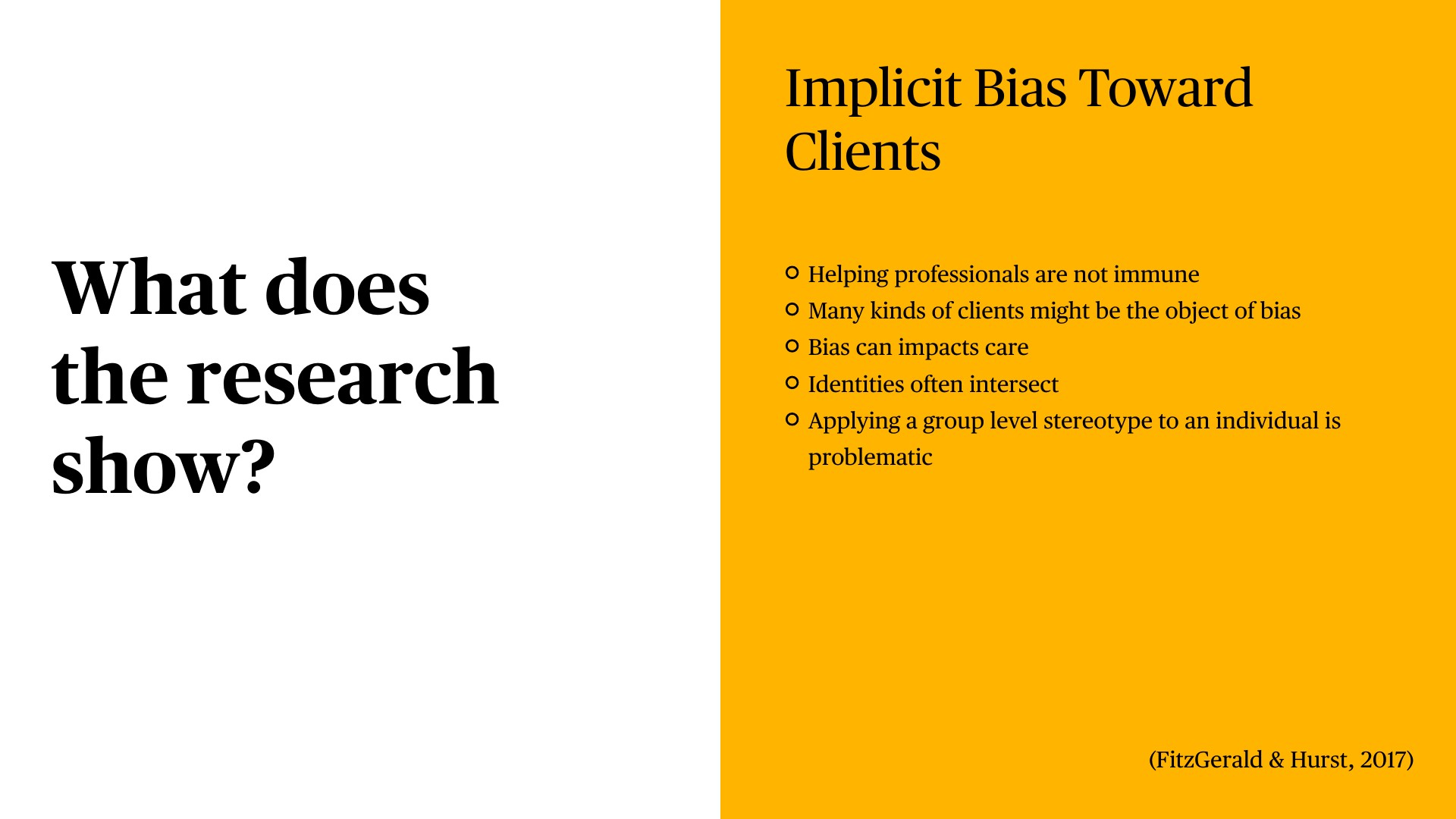 Presentation slide split into two sections: left side poses question 'What does the research show?' in bold black text; right side displays yellow panel titled 'Implicit Bias Toward Clients' with five bullet points explaining that helping professionals are vulnerable to bias affecting multiple client groups, identities intersect, and stereotyping individuals is problematic. Citation: FitzGerald & Hurst, 2017.