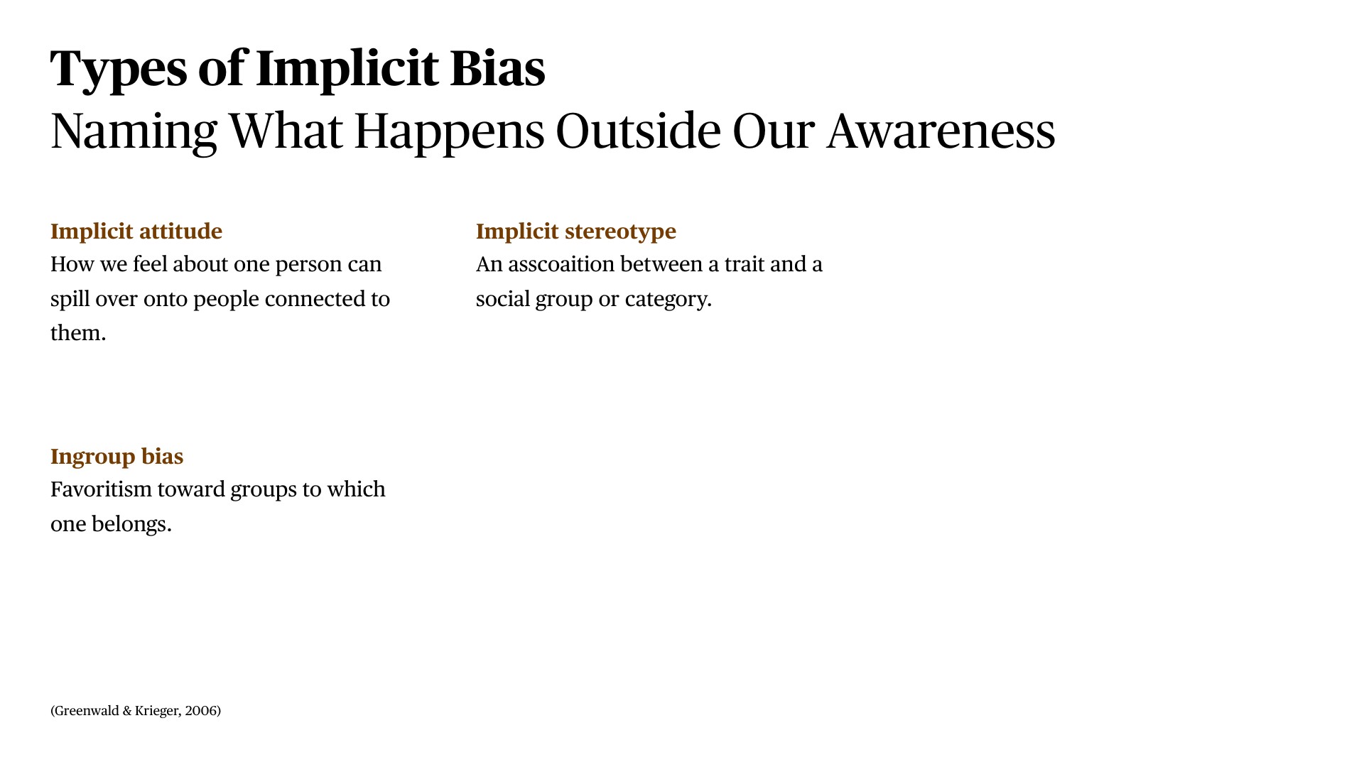 Educational slide presenting three definitions of implicit bias types: implicit attitude (feelings about one person spilling to connected people), implicit stereotype (trait-social group associations), and ingroup bias (favoritism toward one's own groups), cited from Greenwald & Krieger 2006.