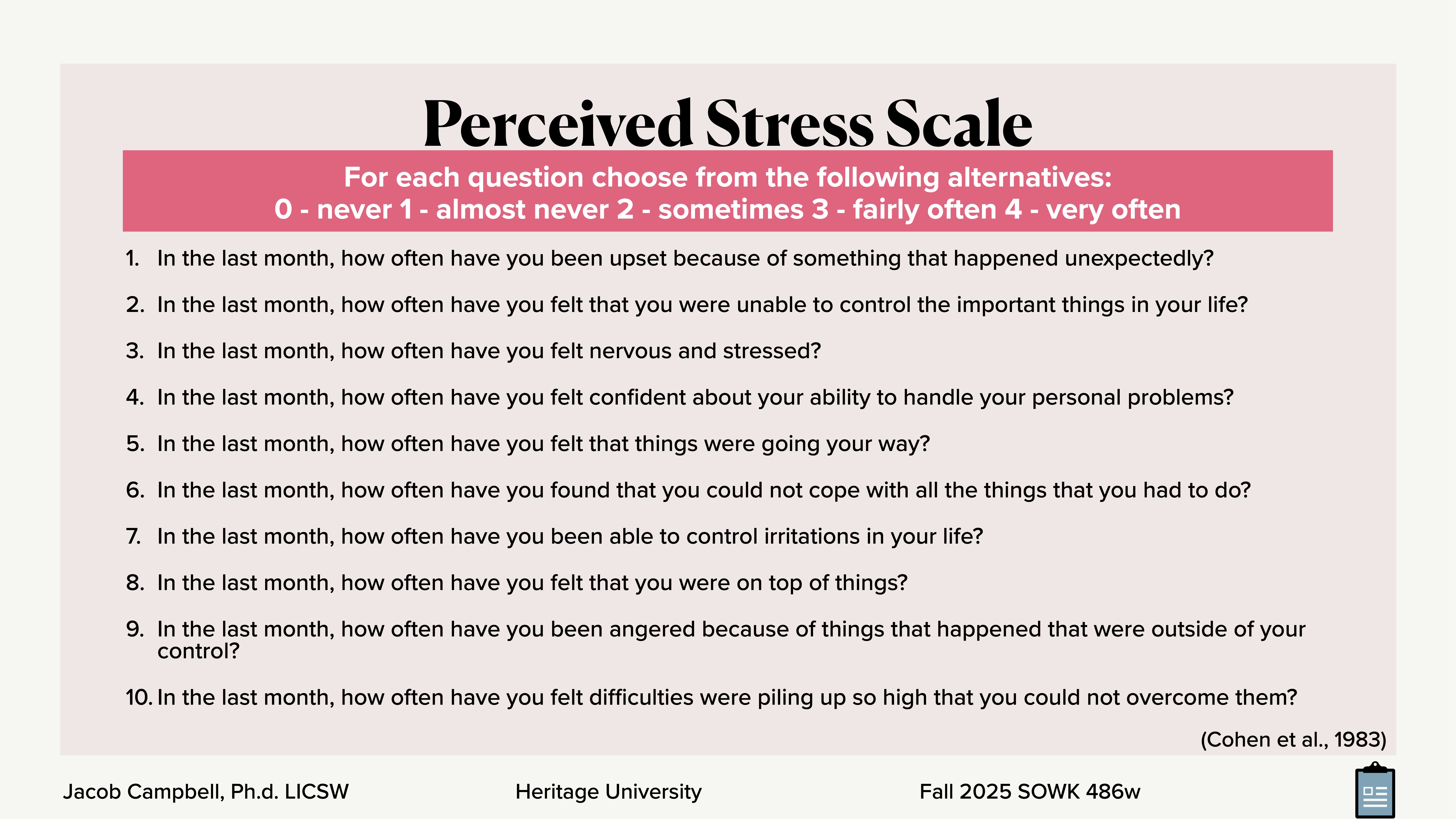 A presentation slide titled 'Perceived Stress Scale' featuring a survey with ten questions about stress experiences, offering response options from 0 (never) to 4 (very often). It credits Jacob Campbell, Ph.D., LICSW, from Heritage University, Fall 2025 SOWK 486w.