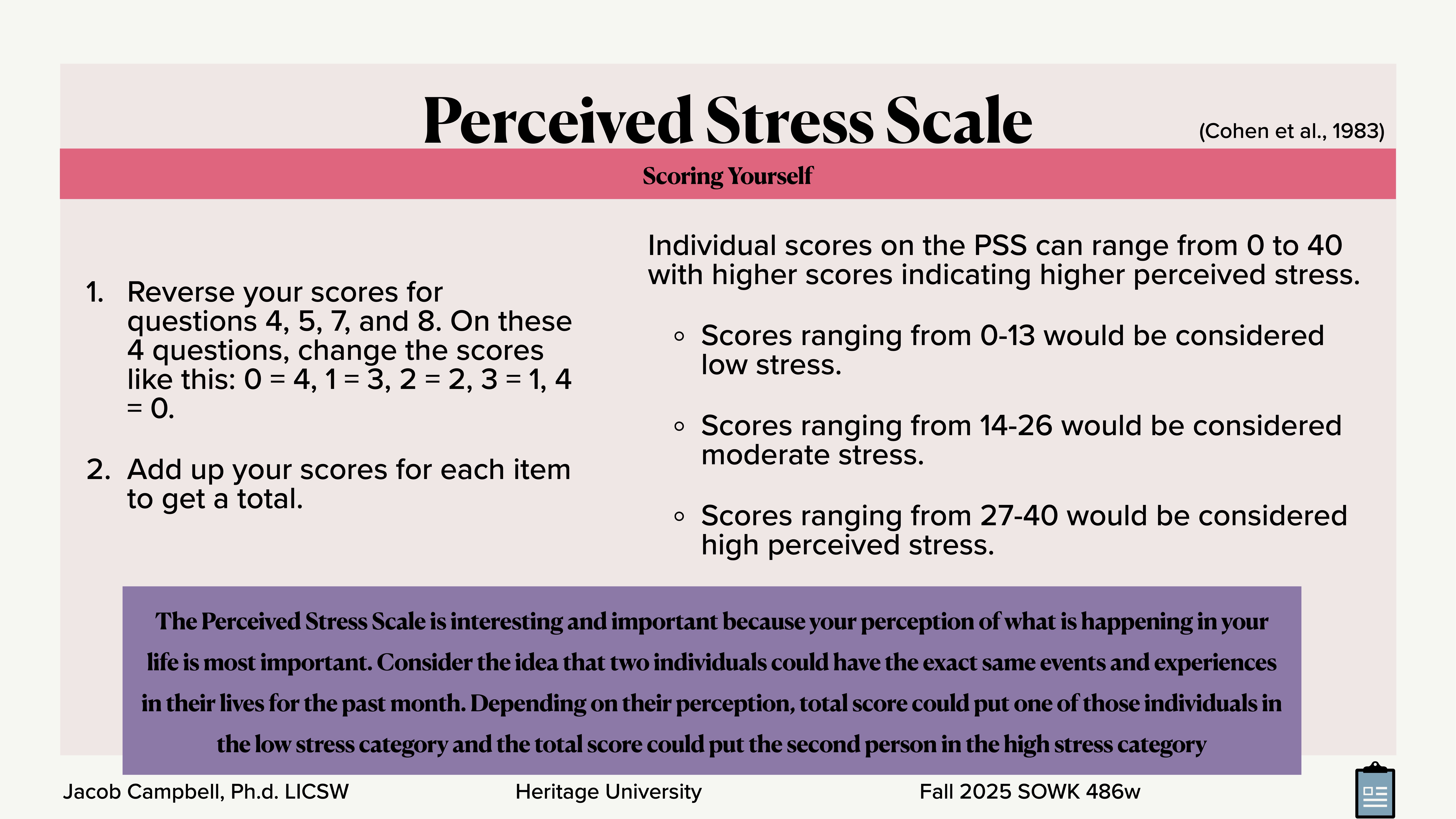 **Object**: Scoring instructions and details for the Perceived Stress Scale (PSS).**Action**: Provides steps for reversing scores and calculating totals.**Context**: Includes stress score ranges (low, moderate, high) and emphasizes the importance of perception. Contains purple text box explaining significance. Presented by Jacob Campbell, Ph.D., LCSW at Heritage University for Fall 2025 SOWK 486w.### Text:1. Reverse your scores for questions 4, 5, 7, and 8. On these 4 questions, change the scores like this: 0 = 4, 1 = 3, 2 = 2, 3 = 1, 4 = 0.   2. Add up your scores for each item to get a total.- Scores from 0-13: low stress.- Scores from 14-26: moderate stress.- Scores from 27-40: high perceived stress.“The Perceived Stress Scale is interesting and important because your perception of what is happening in your life is most important... total score could put one of those individuals in the low stress category and the total score could put the second person in the high stress category.”
