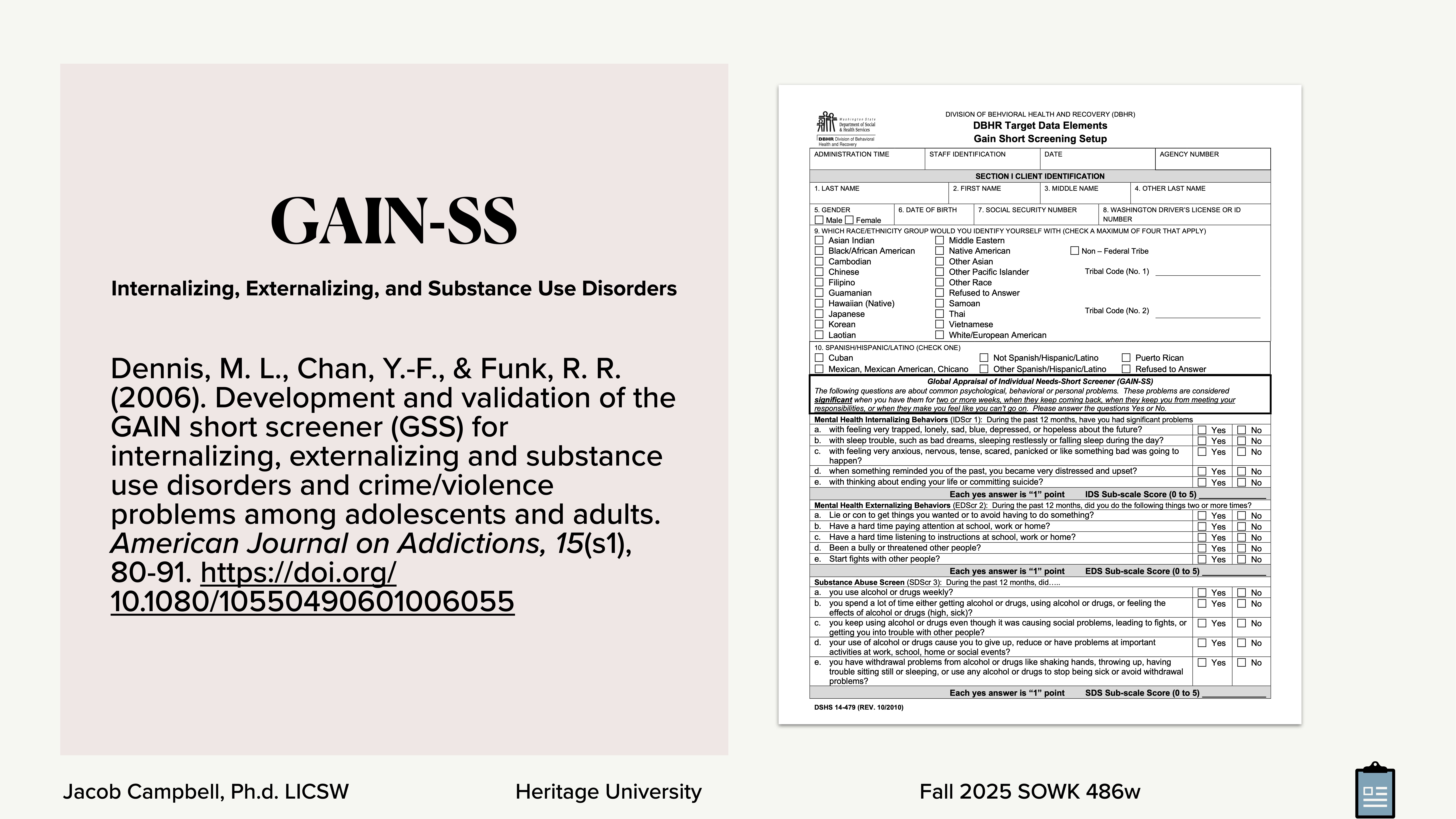 The slide features a title 'GAIN-SS,' with text describing a study on a diagnostic tool for disorders, alongside a detailed form. Includes authors, publication details, and a DOI link.