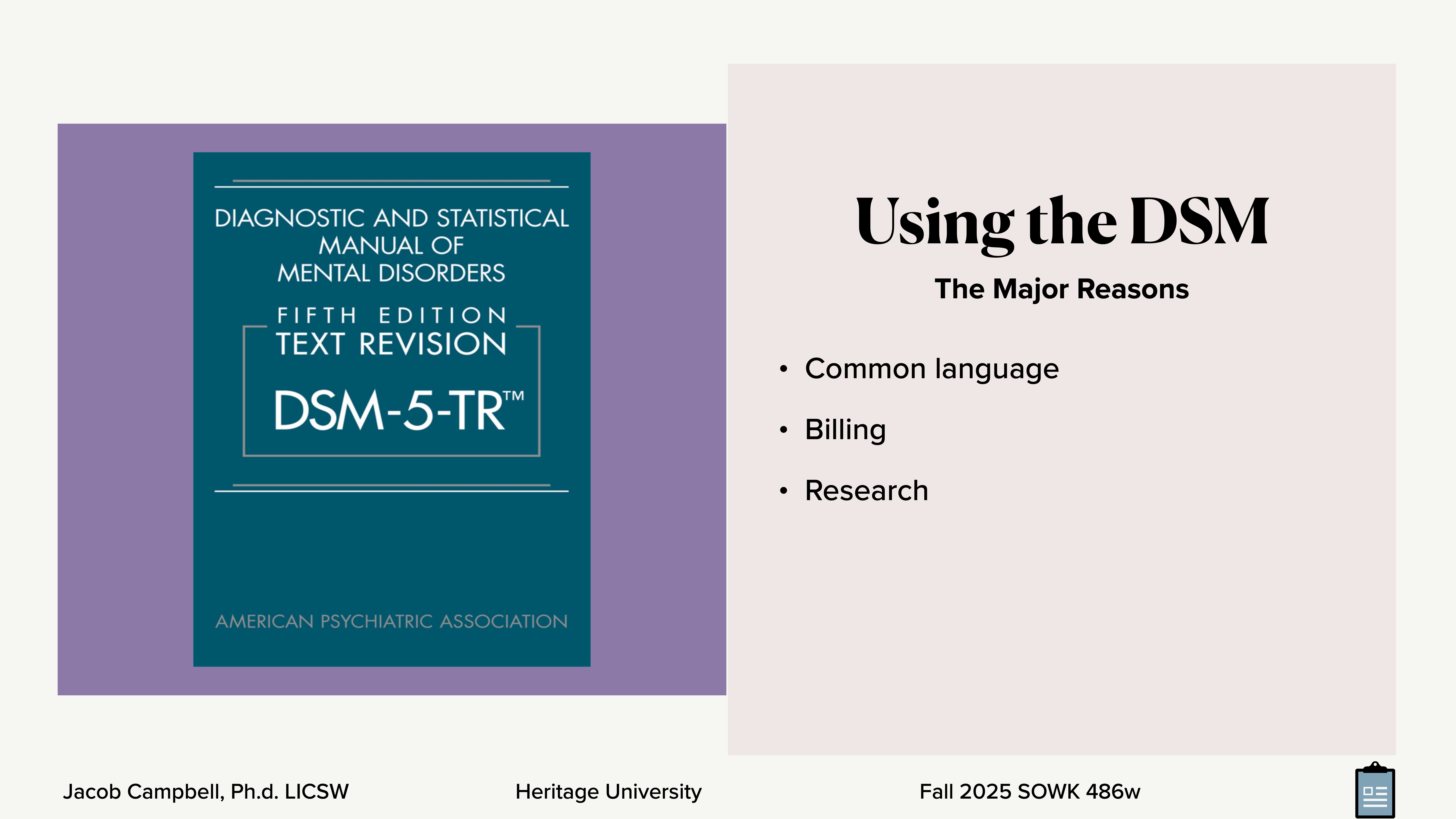 DSM-5-TR book cover displayed on the left; presentation text on the right lists 'Using the DSM: The Major Reasons,' including common language, billing, and research.