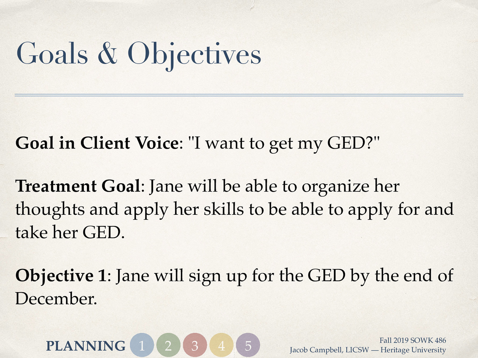  It can be difficult sometimes to be able to see the difference between a goal and an objective. Here is an example:  Goal in Client Voice: “I want to get my GED?” Treatment Goal: Jane will be able to organize her thoughts and apply her skills to be able to apply for and take her GED. Objective 1: Jane will sign up for the GED by the end of December. [Whole Class Activity] Give some examples of client voiced goals, come up with possible specific goals and specific objectives for each one.
