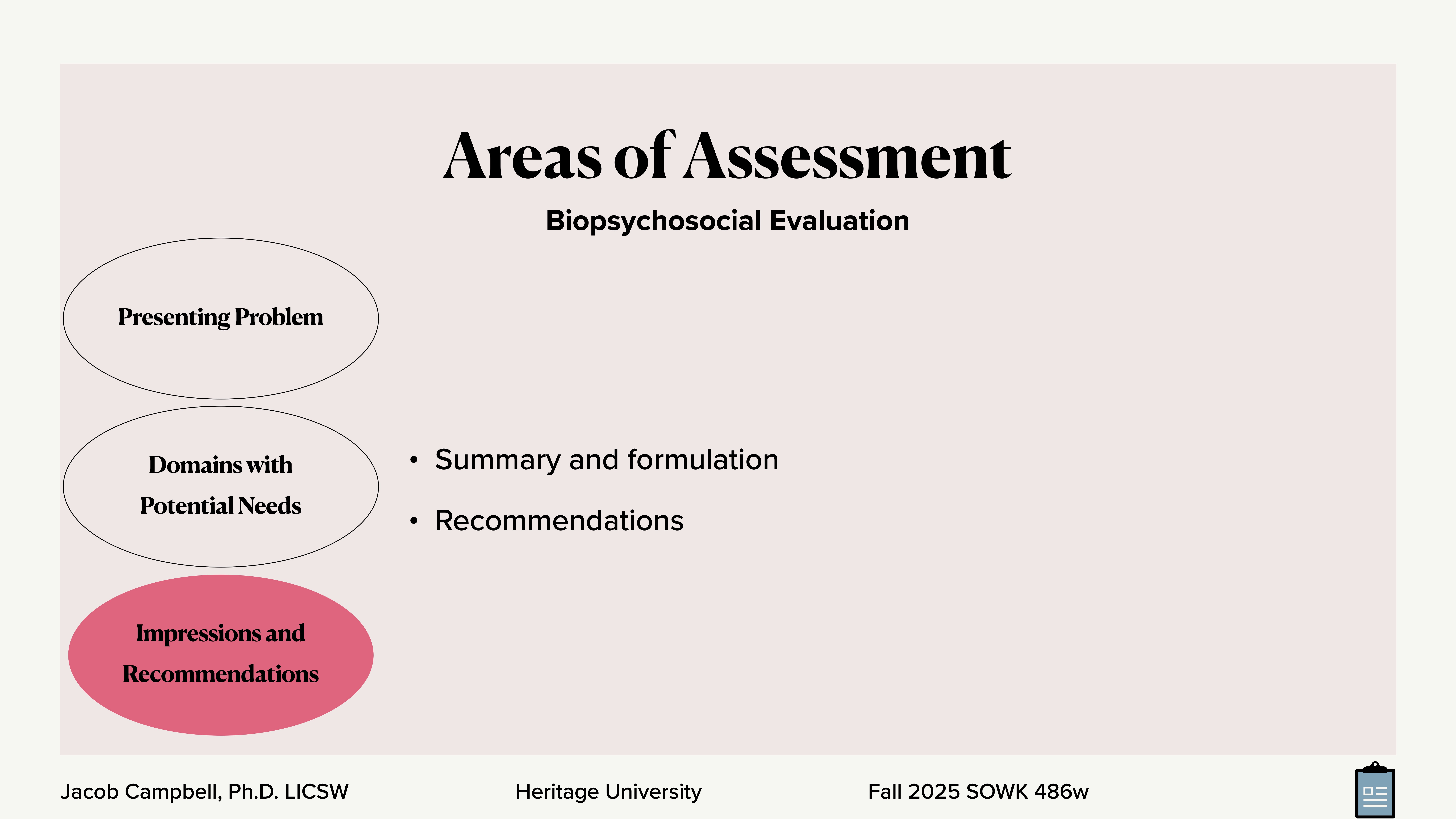 Three ovals indicate 'Presenting Problem,' 'Domains with Potential Needs,' and 'Impressions and Recommendations.' Text mentions 'Biopsychosocial Evaluation,' 'Summary and formulation,' and 'Recommendations.' Footer: Jacob Campbell, Ph.D. LICSW, Heritage University, Fall 2025 SOWK 486w.