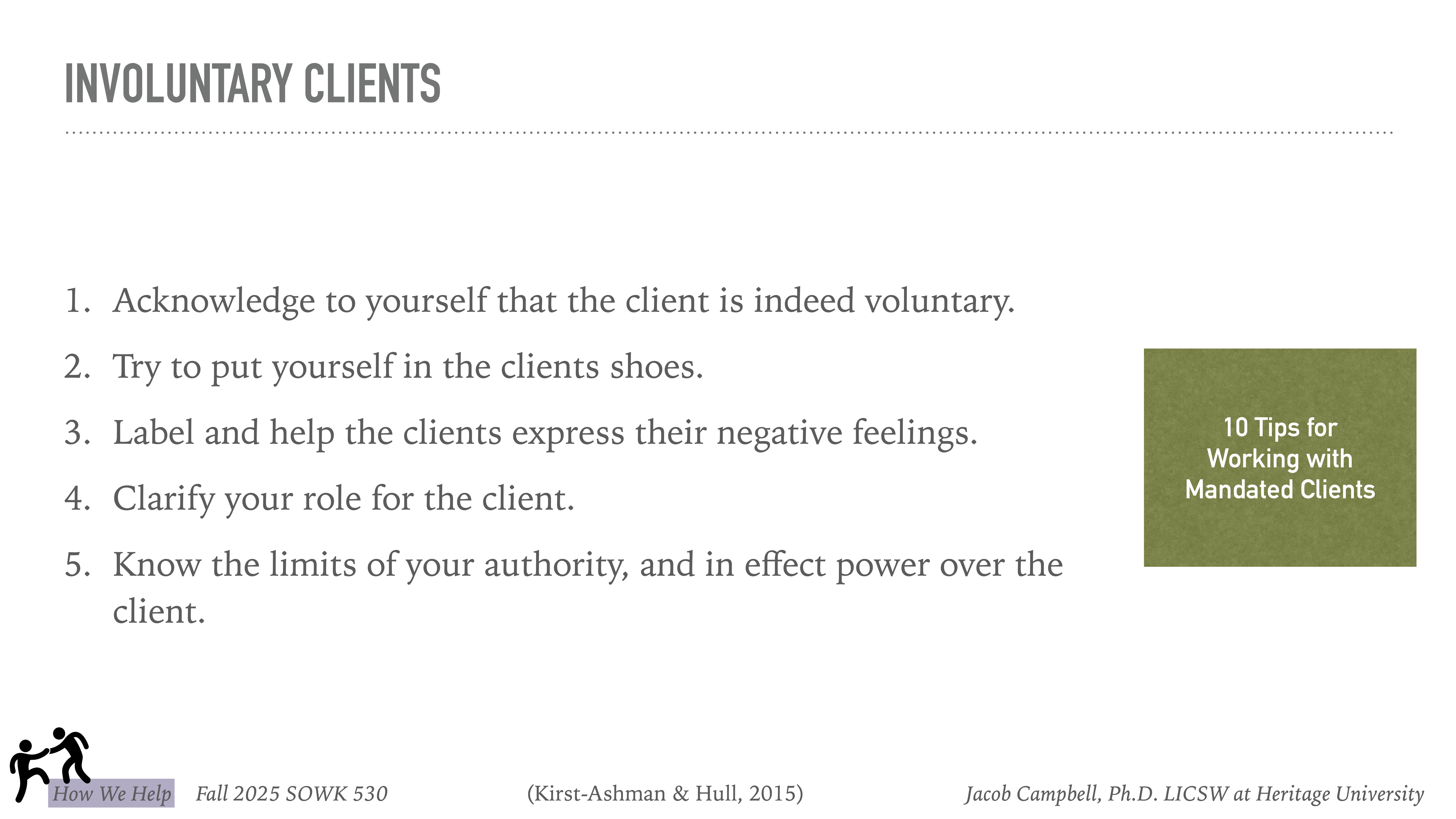 **Slide Description:**The slide discusses 'Involuntary Clients' with five numbered tips focused on understanding and managing client relationships. A green box titled '10 Tips for Working with Mandated Clients' supplements this. Text credits Jacob Campbell, Ph.D., LICSW at Heritage University.