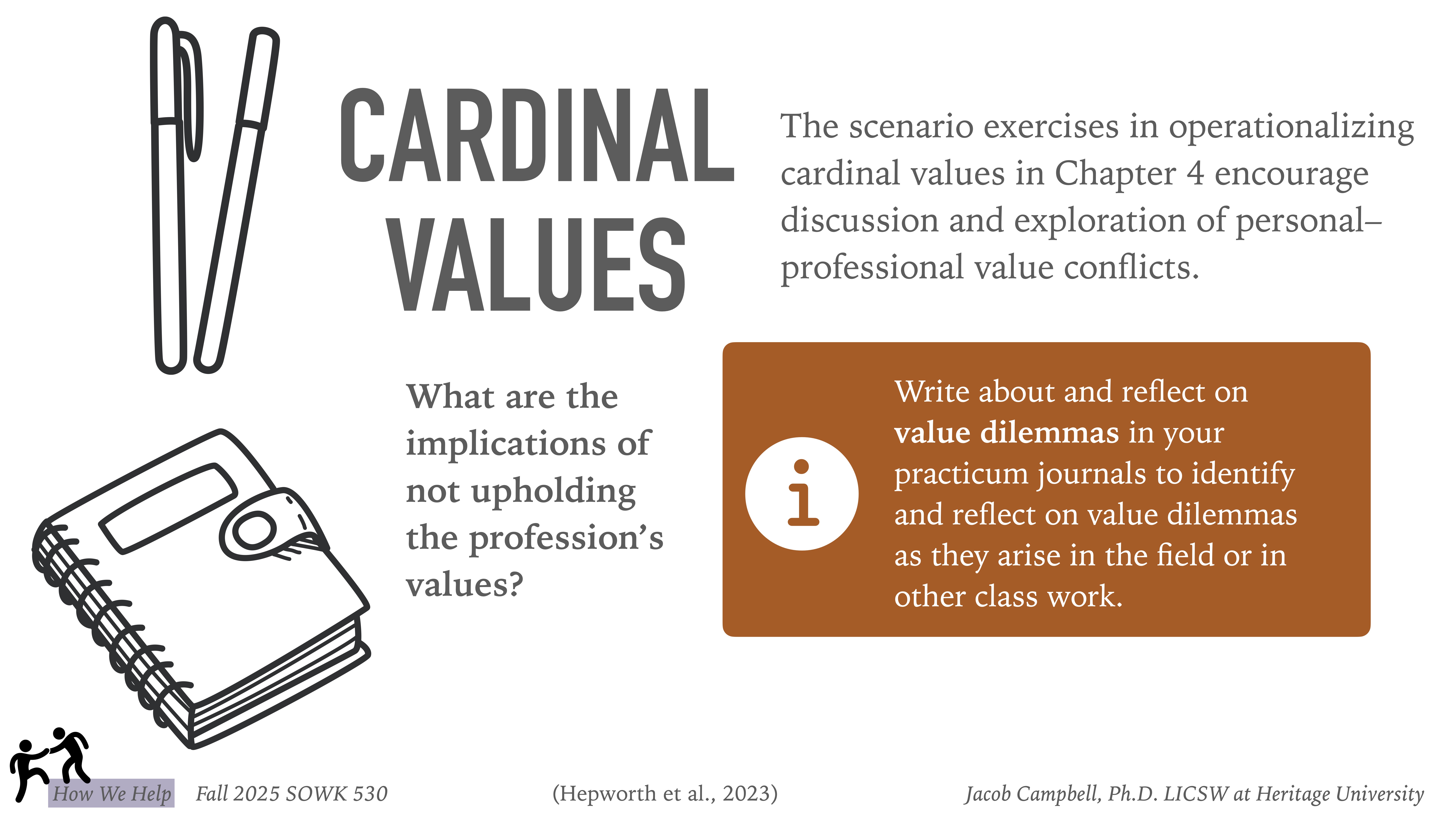 Pens and a notebook are displayed on the left, emphasizing 'Cardinal Values.' The text discusses the implications of upholding professional values, encouraging reflection on value dilemmas in practicum journals.