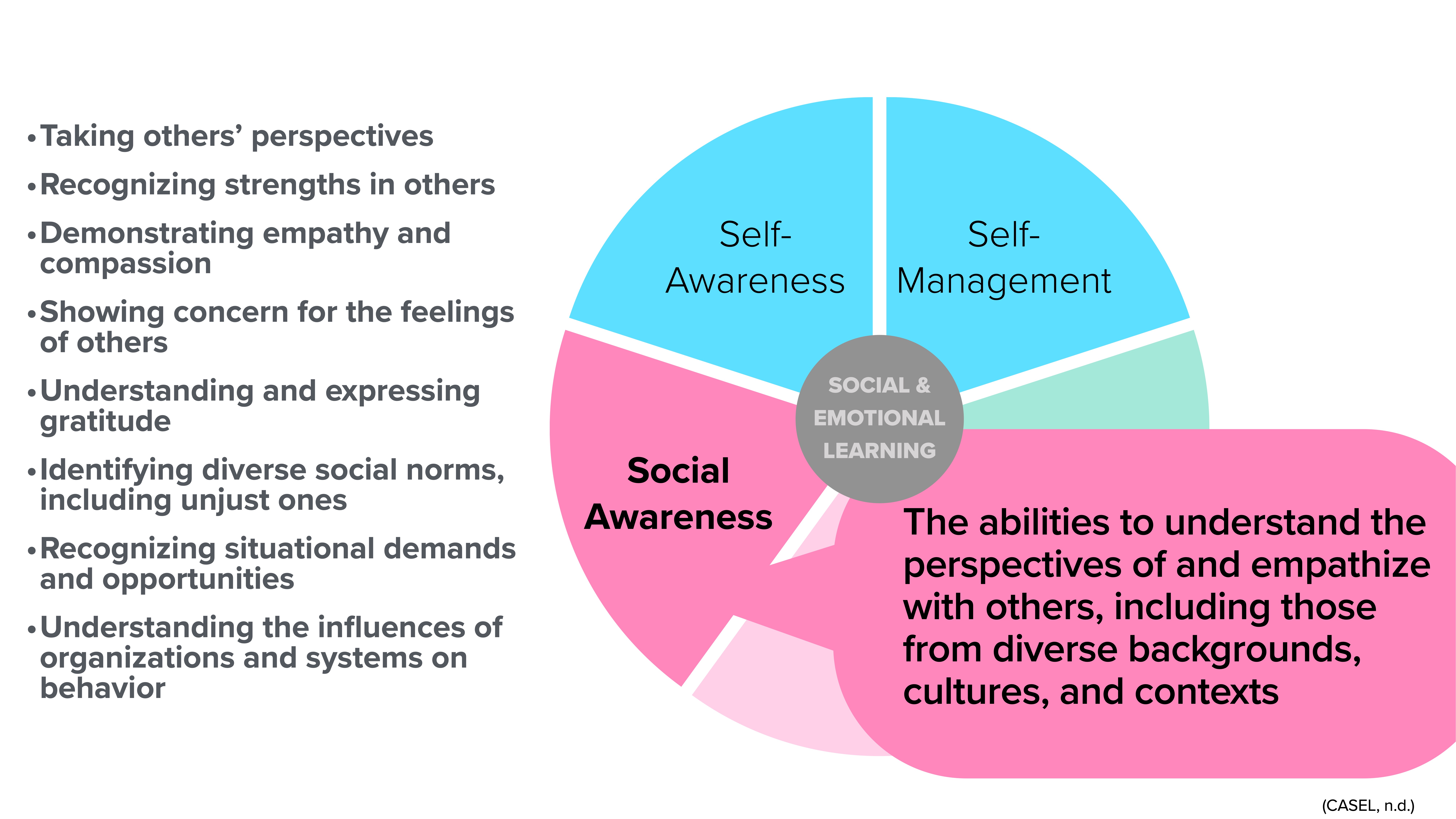 Chart segments labeled 'Social Awareness,' 'Self-Awareness,' and 'Self-Management' surrounding a central section 'Social & Emotional Learning.' Text lists skills like empathy, recognizing strengths, and understanding diverse norms.