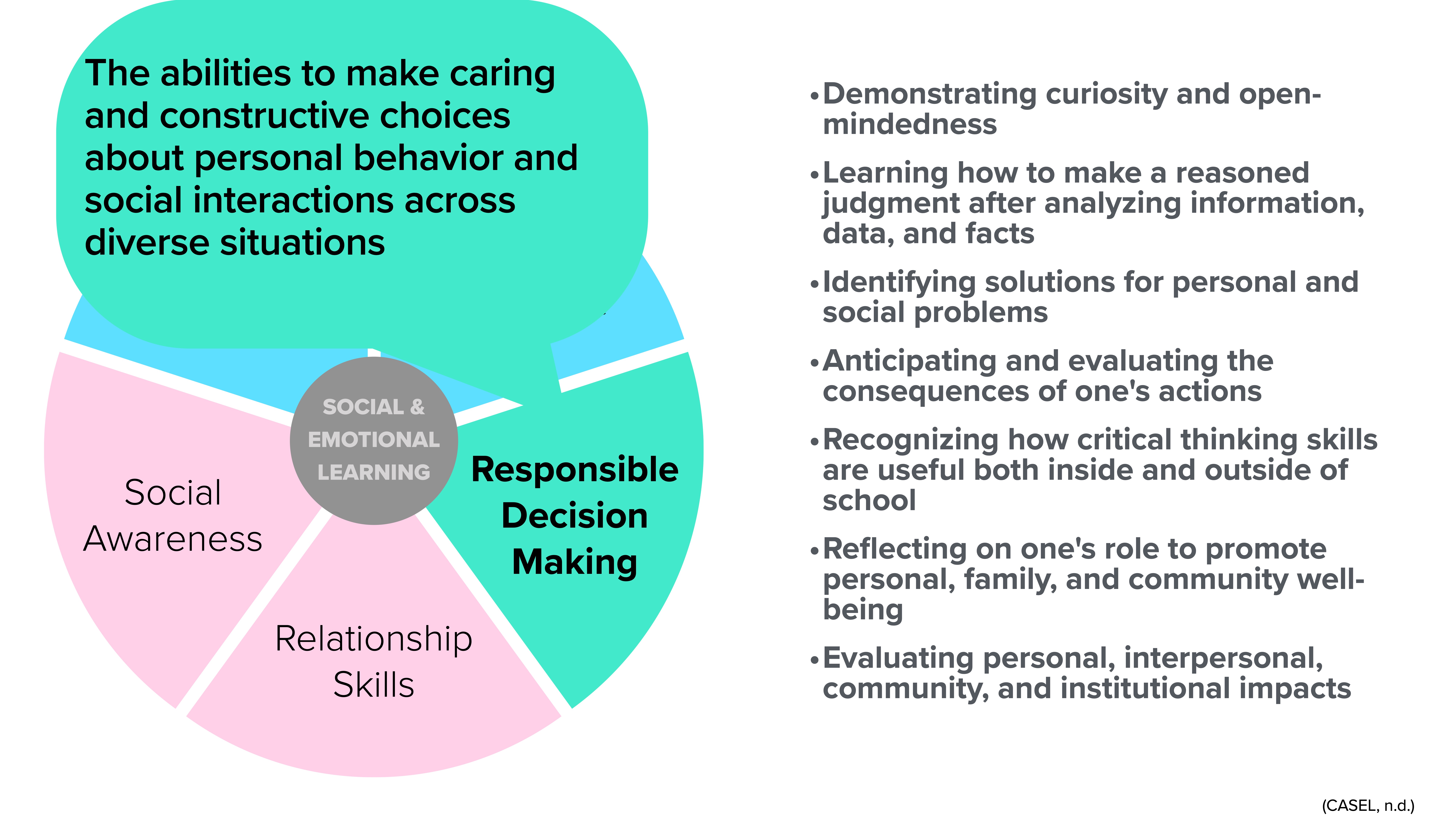 A diagram displays 'Social & Emotional Learning' with sections on 'Social Awareness,' 'Relationship Skills,' and 'Responsible Decision Making.' Text describes skills like curiosity, problem-solving, and reflection on actions.