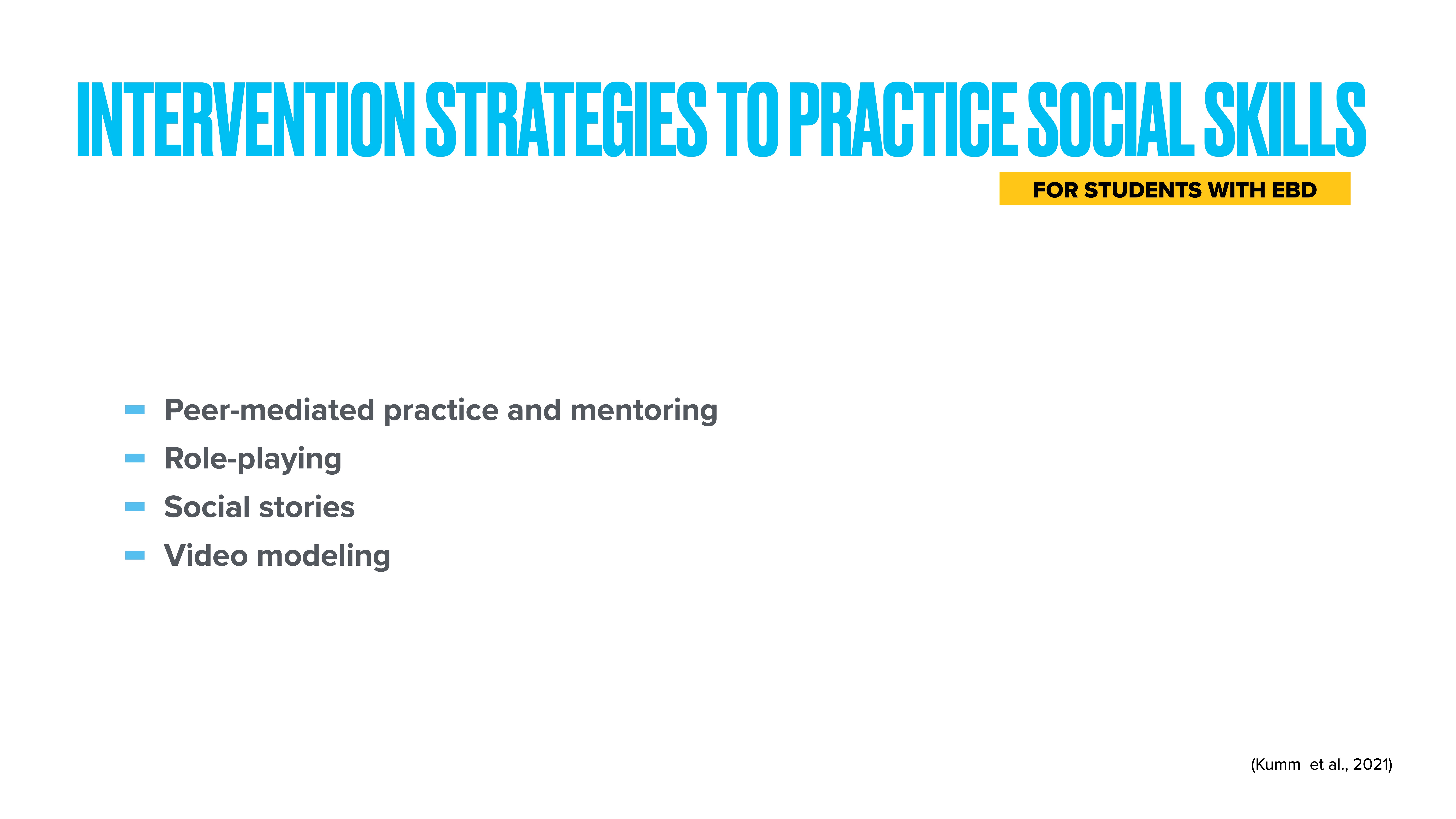 Title text reads 'Intervention Strategies to Practice Social Skills' for students with EBD. Listed strategies: Peer-mediated practice and mentoring, Role-playing, Social stories, Video modeling. Citation: Kumm et al., 2021.