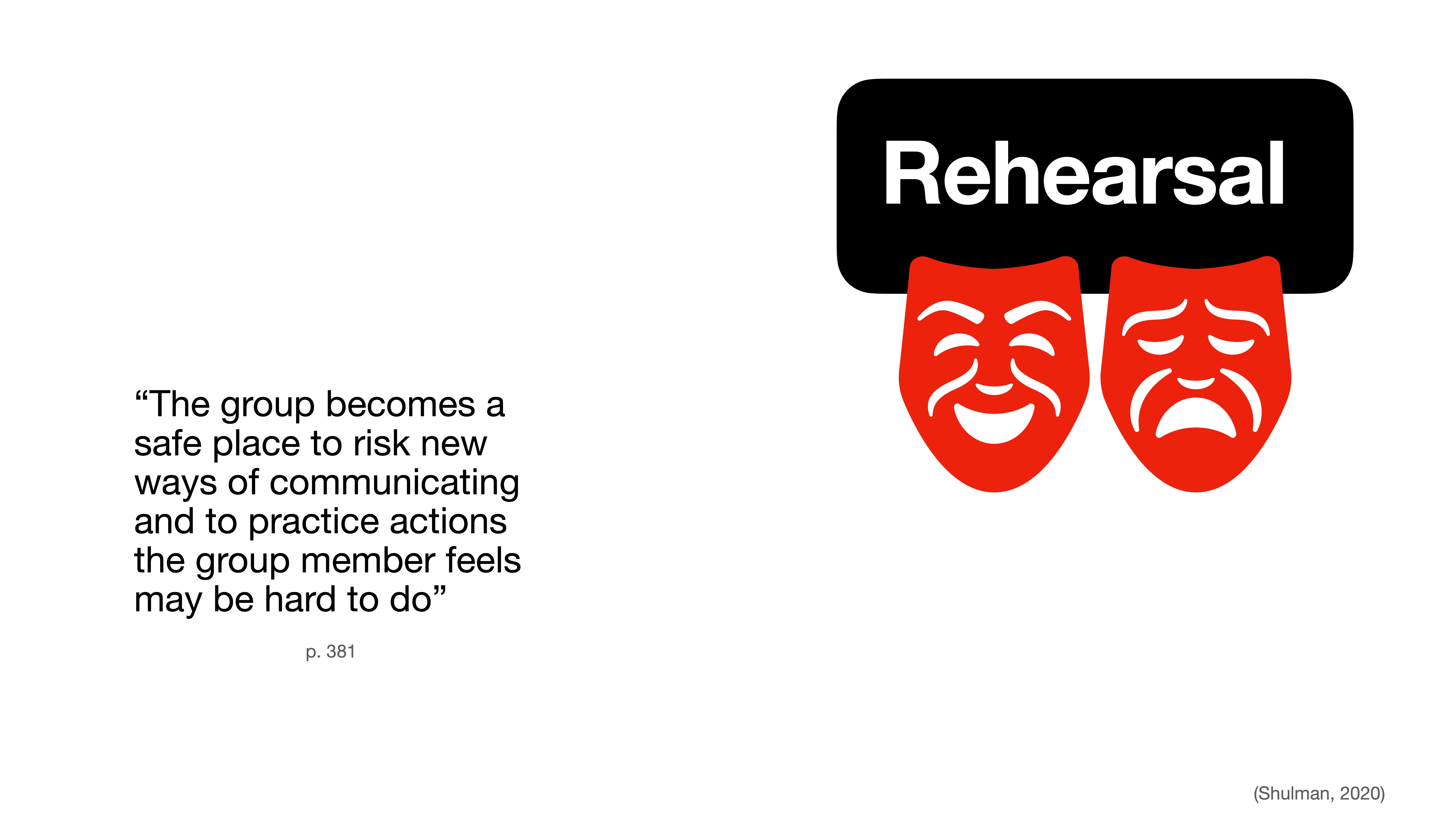 A pair of red theatrical masks representing comedy and tragedy are shown beneath the word 'Rehearsal.' Beside them, a quote discusses group dynamics in communication and practice.