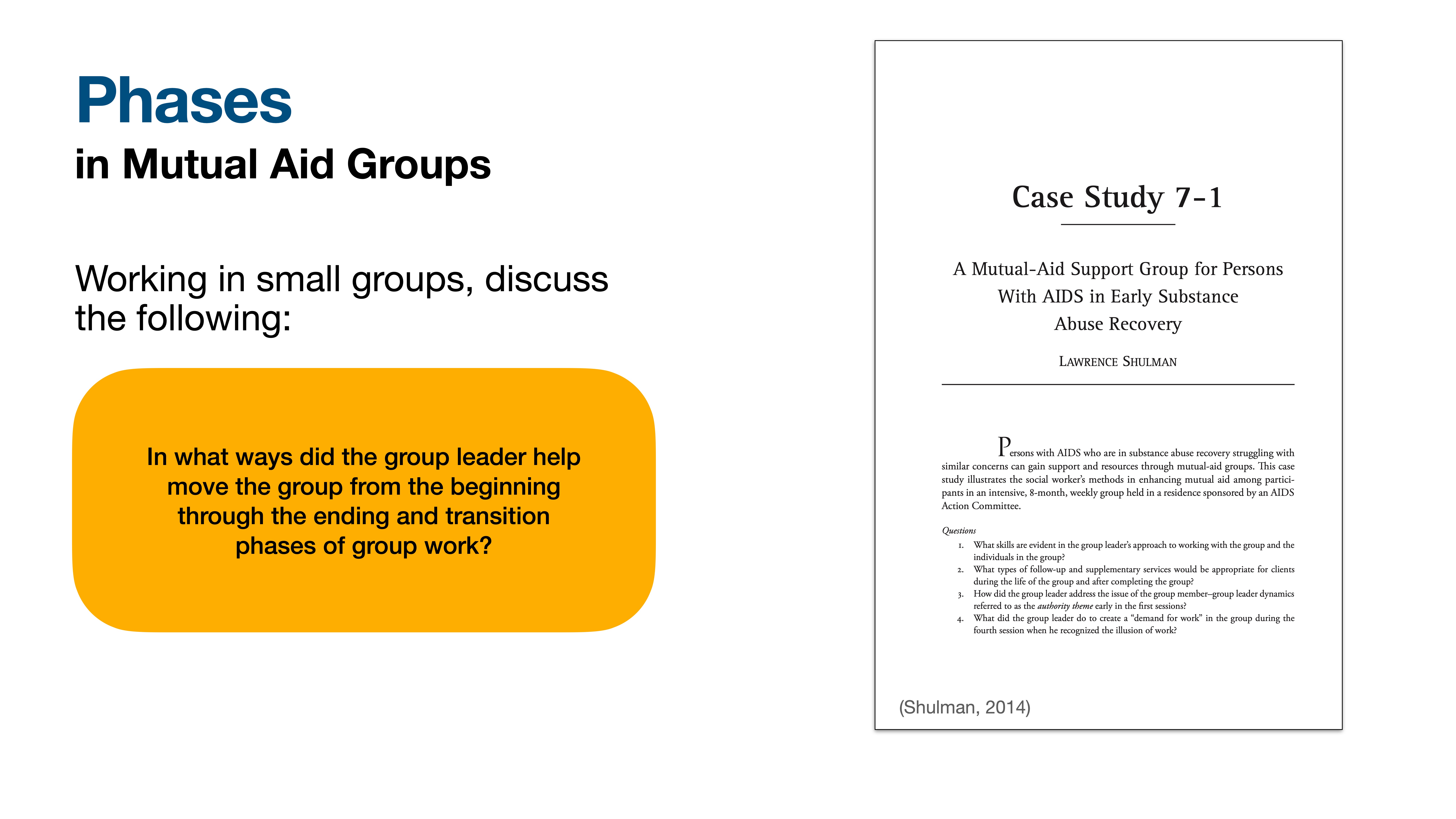 The image features a presentation slide with text. On the left, it discusses 'Phases in Mutual Aid Groups,' prompting group discussion on the leader's role in transitions. The right shows a 'Case Study 7-1' on mutual-aid support for AIDS in substance recovery by Lawrence Shulman, with bibliographic reference '(Shulman, 2014).'