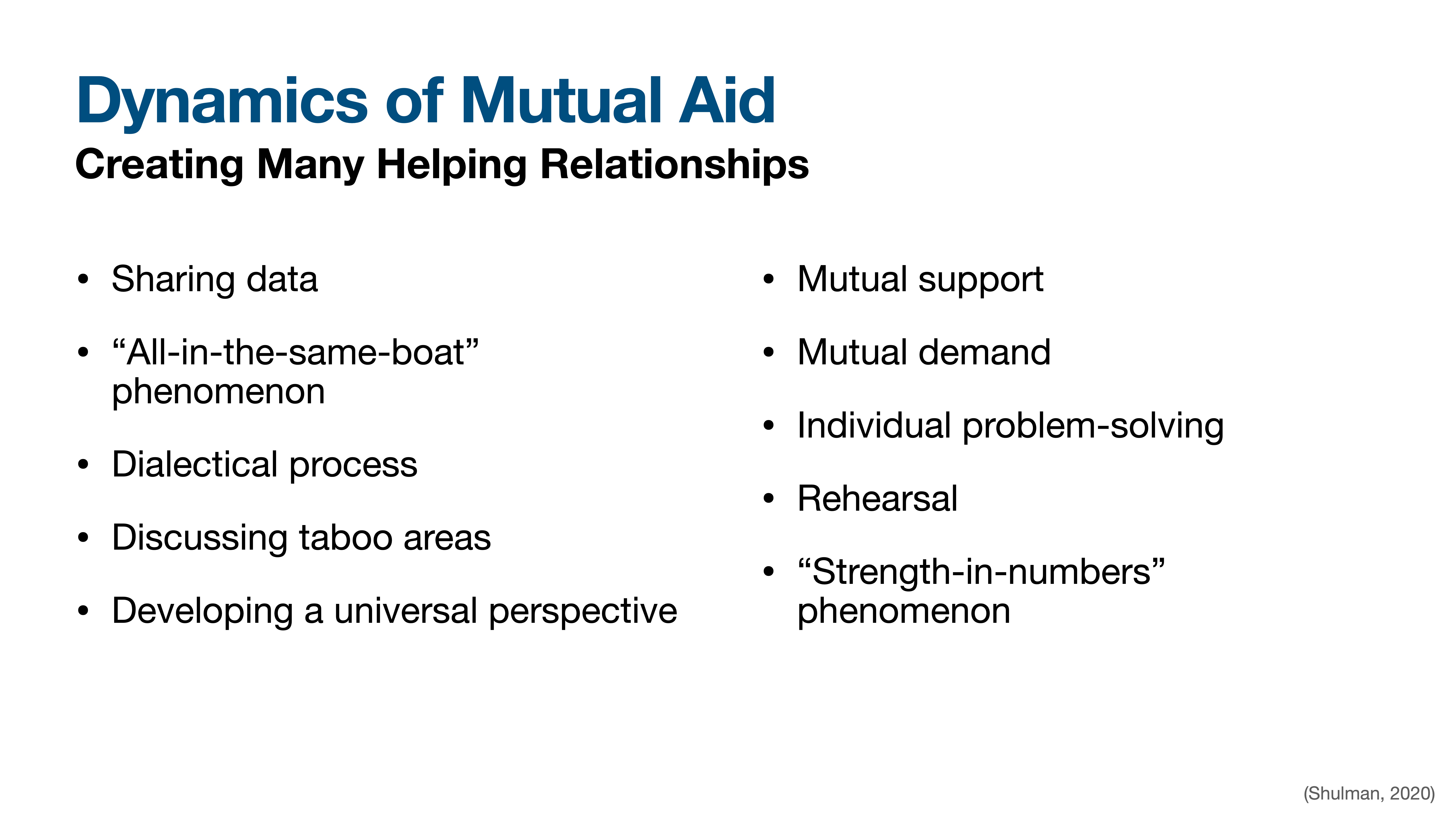 The slide lists elements of 'Dynamics of Mutual Aid' under 'Creating Many Helping Relationships,' such as sharing data and mutual support. Source is Shulman, 2020.