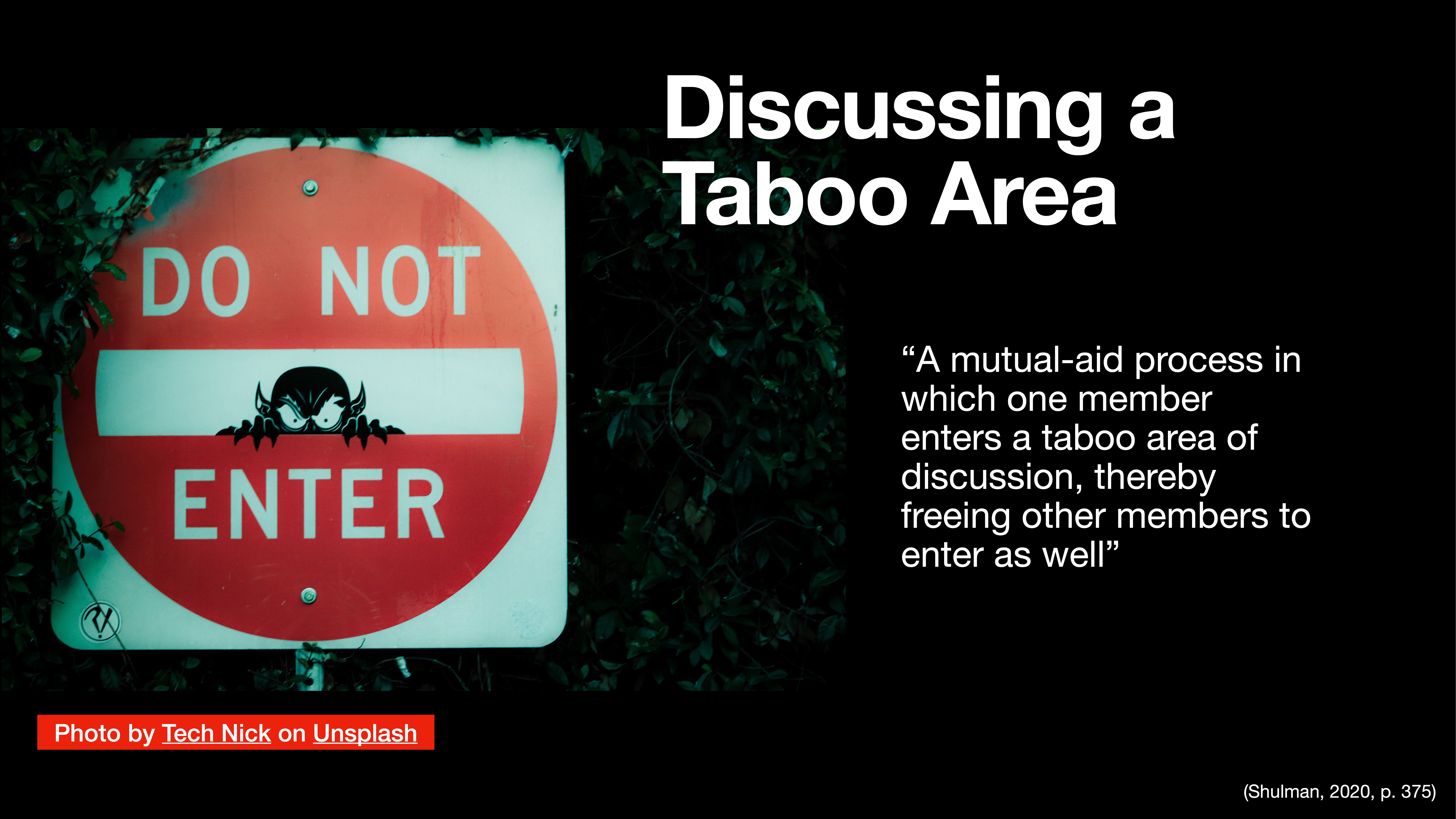 A 'Do Not Enter' sign displays spray-painted eyes on a red background, partially obscured by foliage. Text reads, 'Discussing a Taboo Area' and 'A mutual-aid process in which one member enters a taboo area of discussion, thereby freeing other members to enter as well' (Shulman, 2020, p. 375).