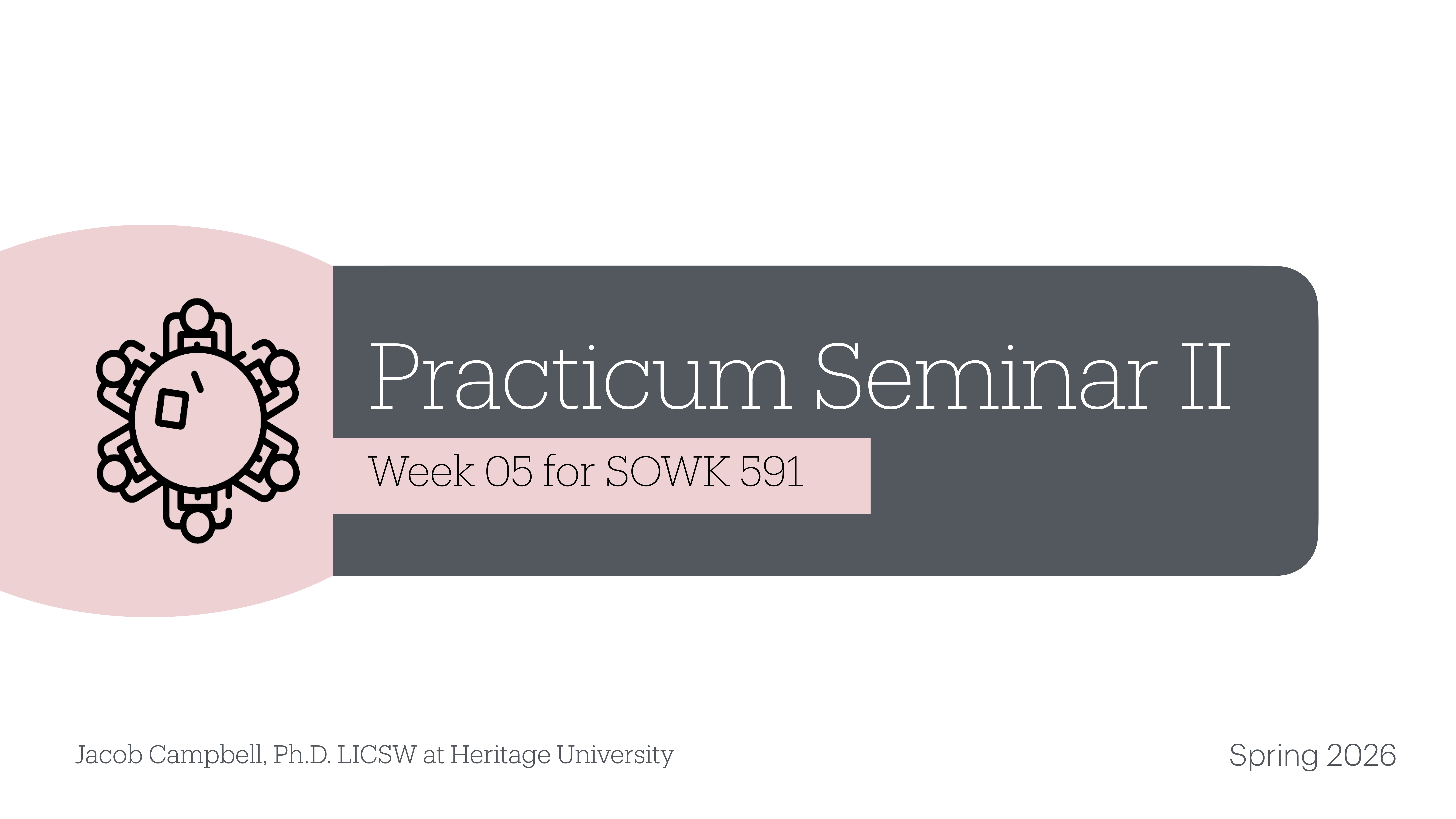 Icon of a gear overlays the title 'Practicum Seminar II' on a grey background; below: 'Week 05 for SOWK 591.' Footer: 'Jacob Campbell, Ph.D. LICSW at Heritage University,' 'Spring 2026.'
