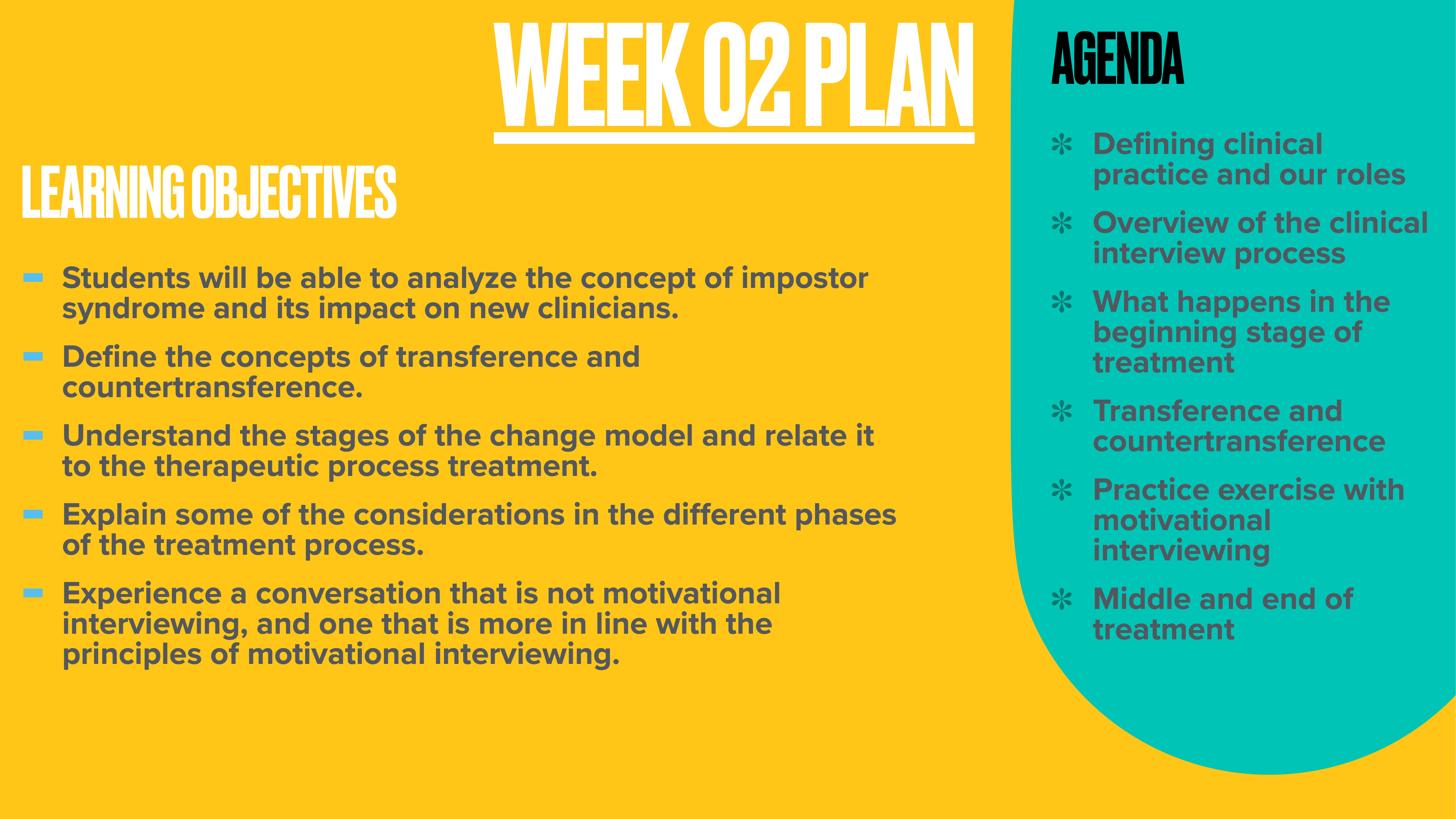 **Slide Description**: The slide presents the 'WEEK 02 PLAN' with a focus on 'LEARNING OBJECTIVES' and an 'AGENDA'. **Learning Objectives**:- Analyze the concept of impostor syndrome.- Define transference and countertransference.- Understand change model stages.- Explain treatment phase considerations.- Experience motivational interviewing.**Agenda**:- Defining clinical practice.- Clinical interview overview.- Beginning stage of treatment.- Transference and countertransference.- Motivational interviewing practice.- Middle and end of treatment. **Context**: The background is a split of bright yellow and turquoise color.