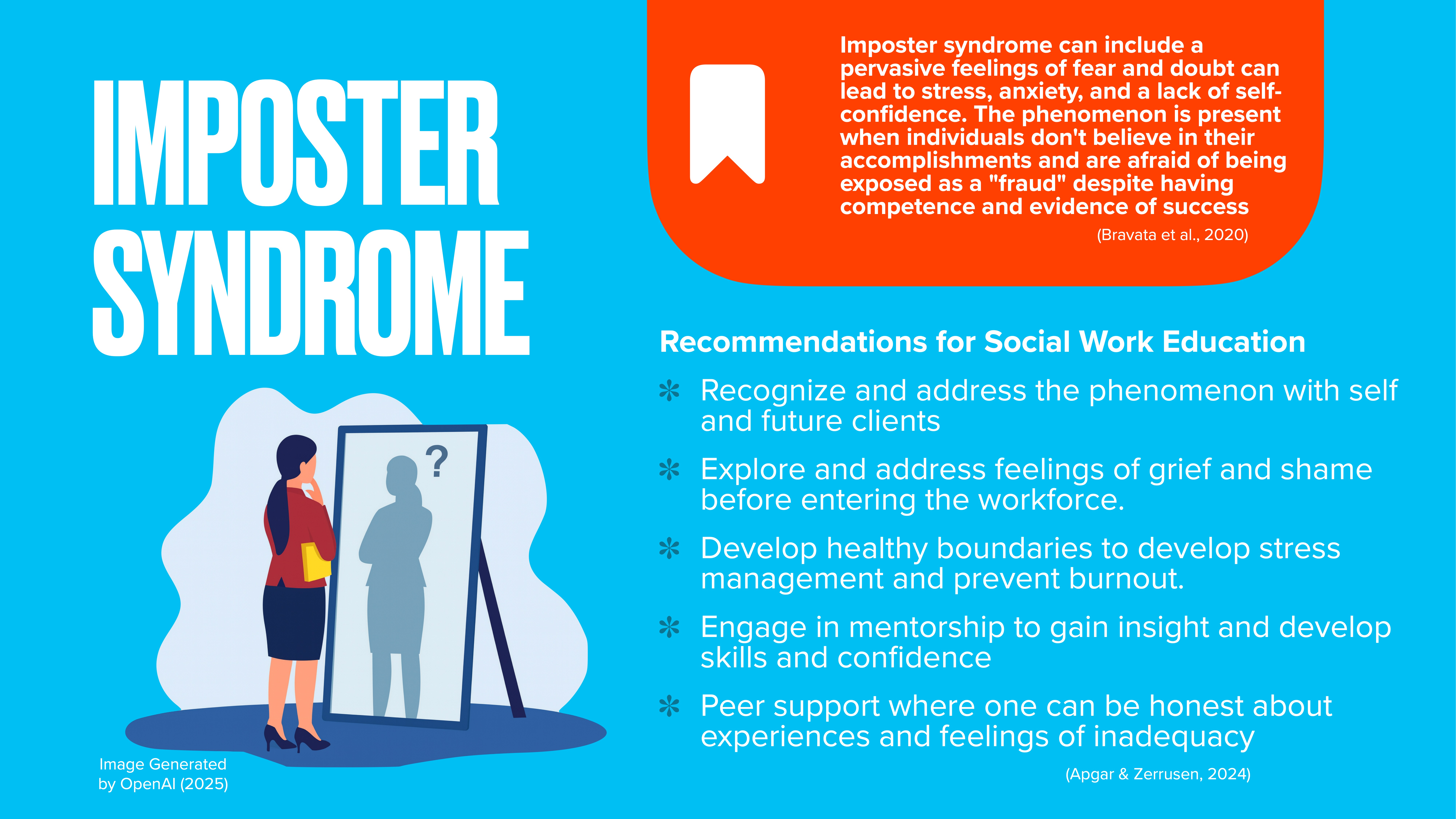 A person looks into a mirror with a shadowed reflection; the text discusses imposter syndrome, its effects, and recommendations for addressing it in social work education.
