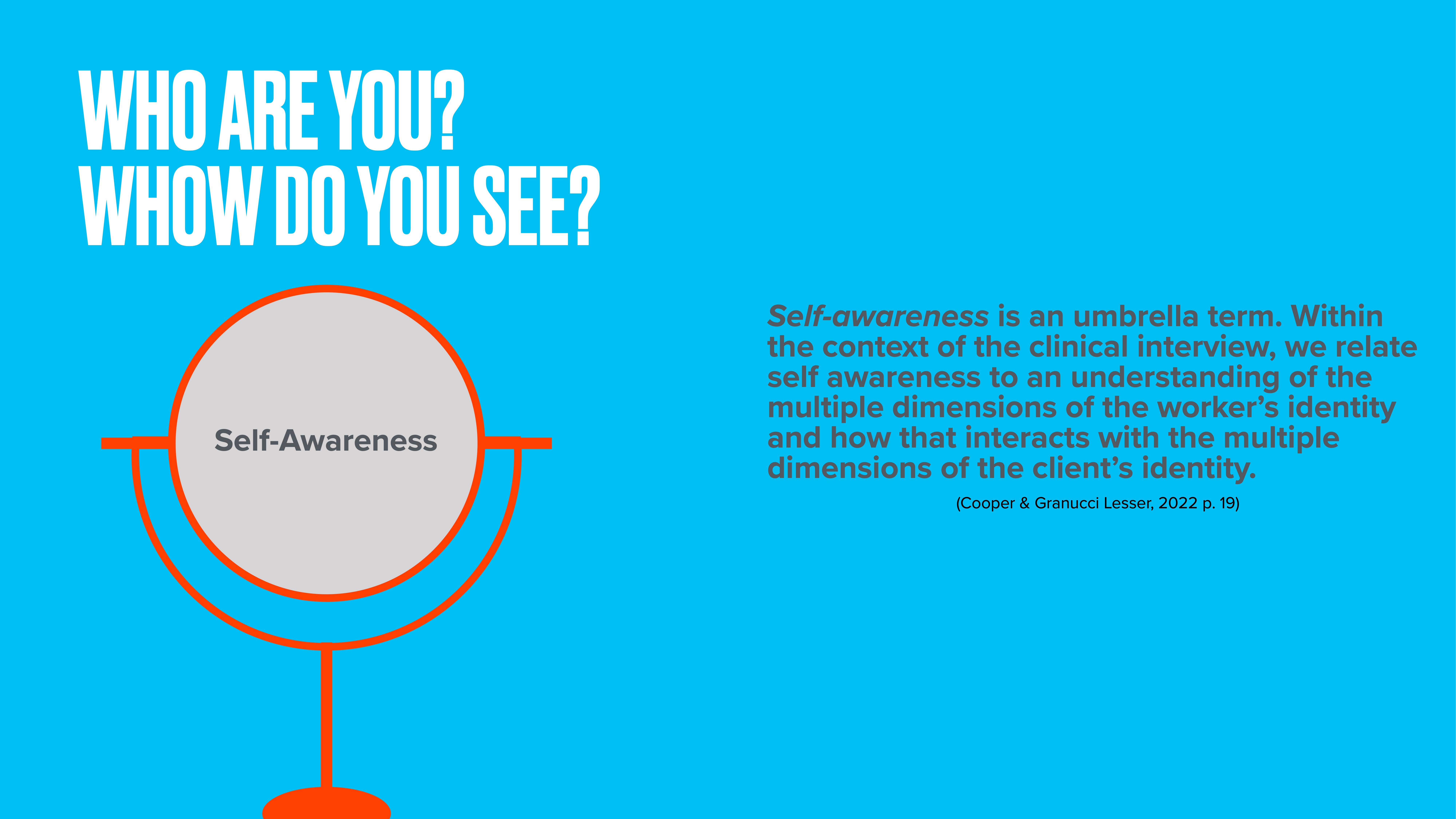 A magnifying glass labeled 'Self-Awareness' is prominently displayed in the center. Text reads: 'WHO ARE YOU? WHO DO YOU SEE? Self-awareness is an umbrella term...interacts with multiple dimensions of the client’s identity.'