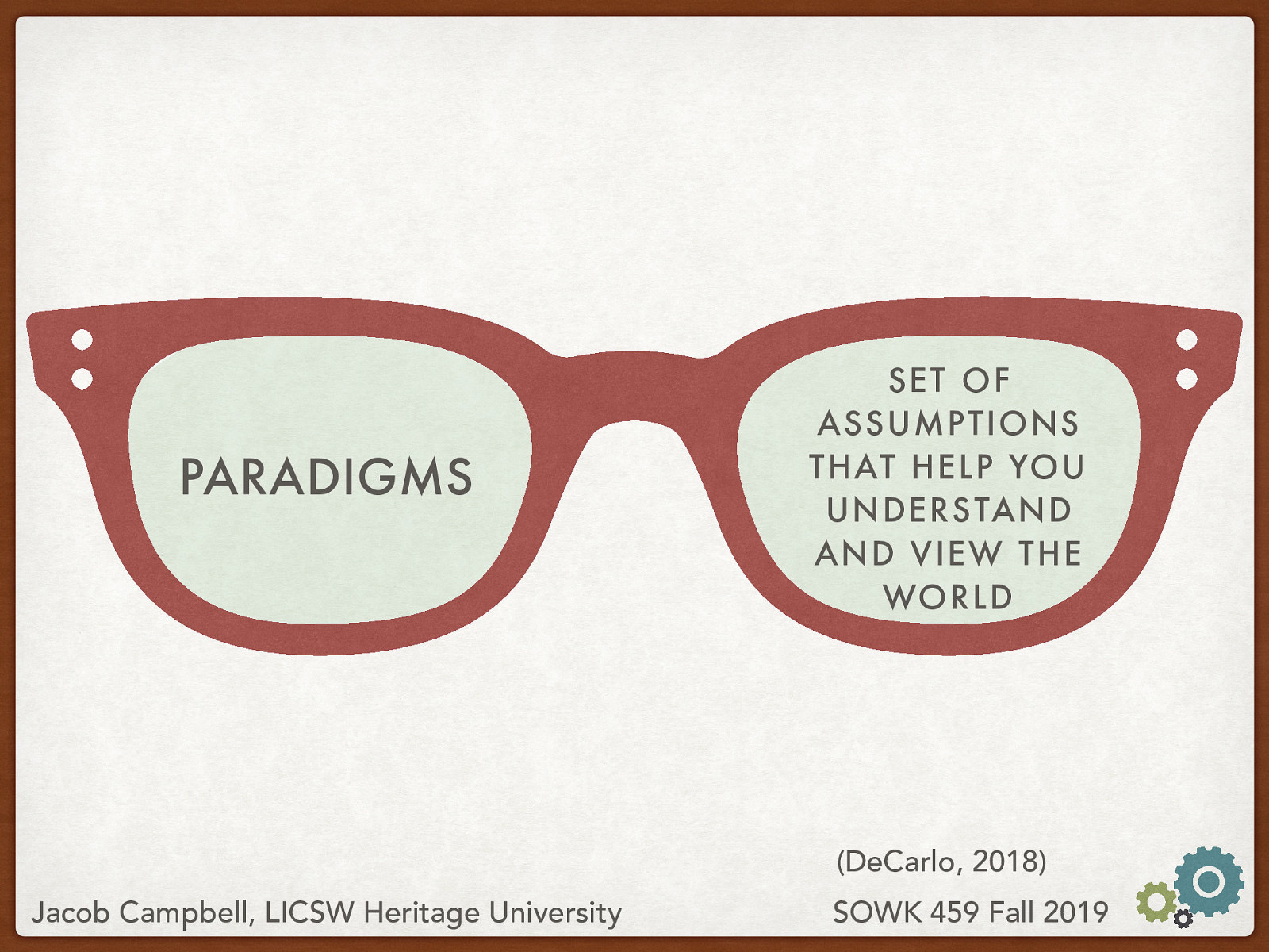  As we start to look into what theoretical perspective we will following, it is driven by our ontology epistemology. Both the ontology and epistemology are encompassed by what paradigm we choose to relate to our research.   We can start by defining what is a paradigm.  Paradigm: Set of assumptions that help you understand and view the world
