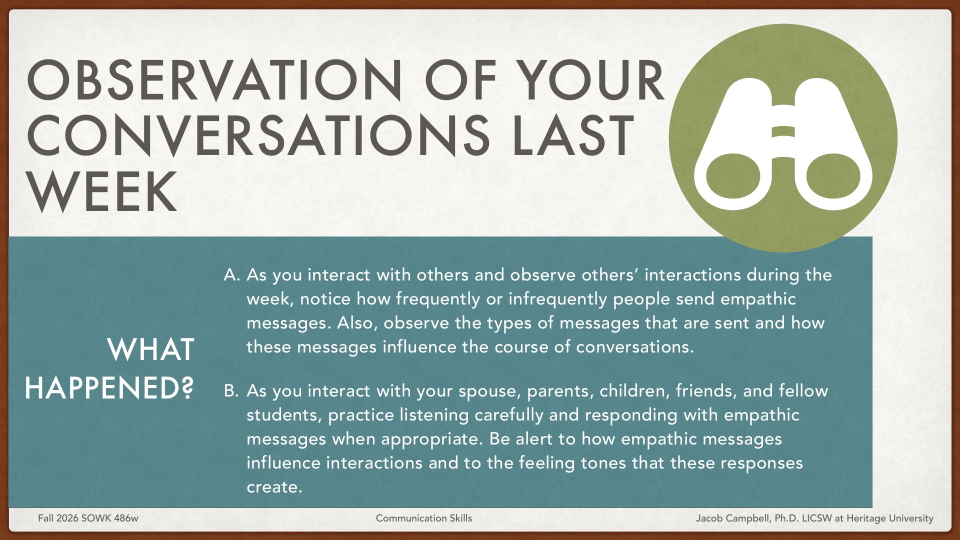 A presentation slide titled 'Observation of Your Conversations Last Week' with a green circular binoculars icon. Below, a teal section labeled 'What Happened?' contains two instructions: A) Observe how frequently people send empathic messages and how they influence conversations; B) Practice listening carefully and responding with empathic messages in interactions with family, friends, and students, noting how these responses create feeling tones.
