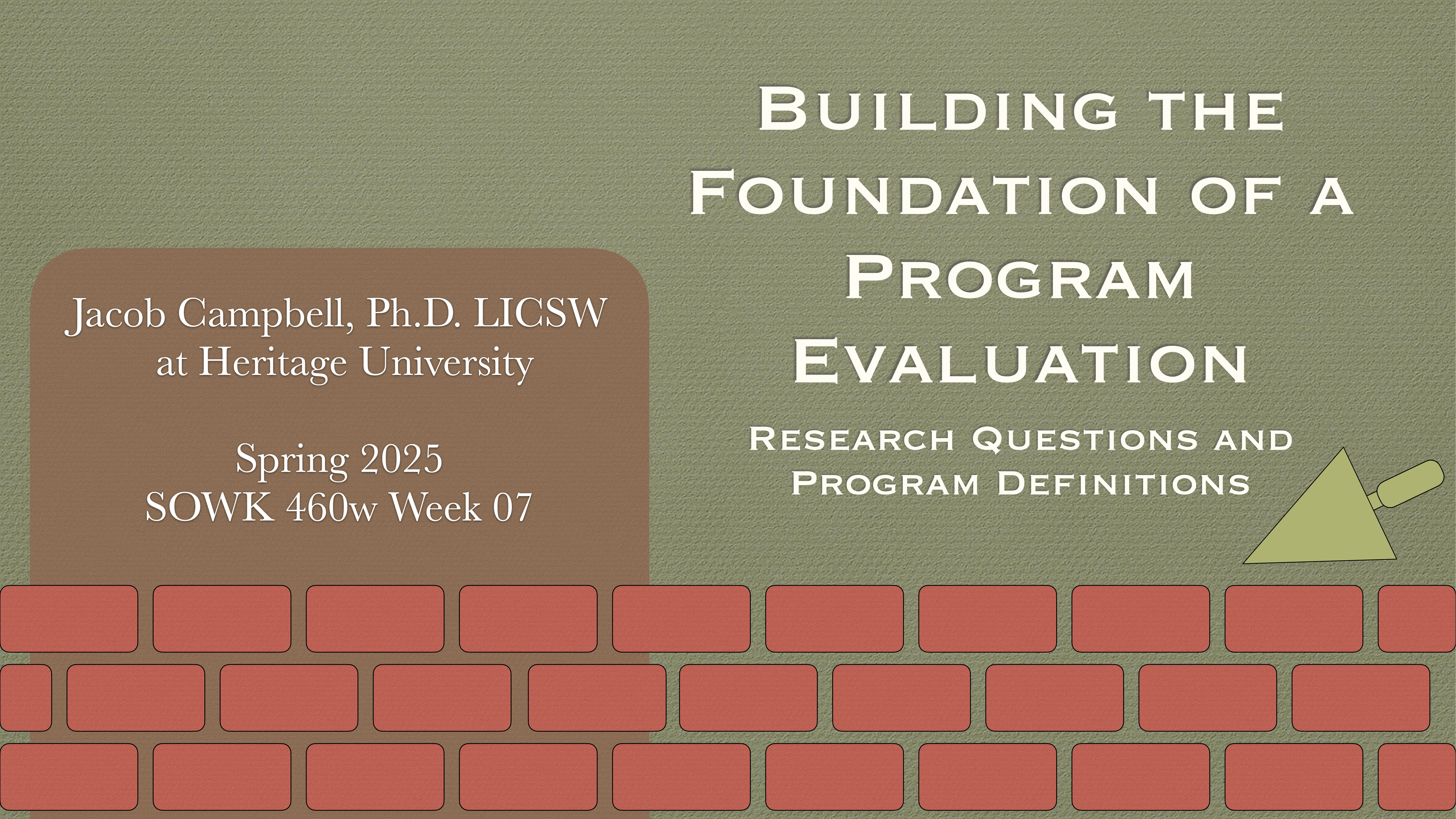 Slide with a brick wall graphic displays text: 'Building the Foundation of a Program Evaluation: Research Questions and Program Definitions.' Additional text: 'Jacob Campbell, Ph.D. LICSW at Heritage University, Spring 2025, SOWK 460w Week 07.'