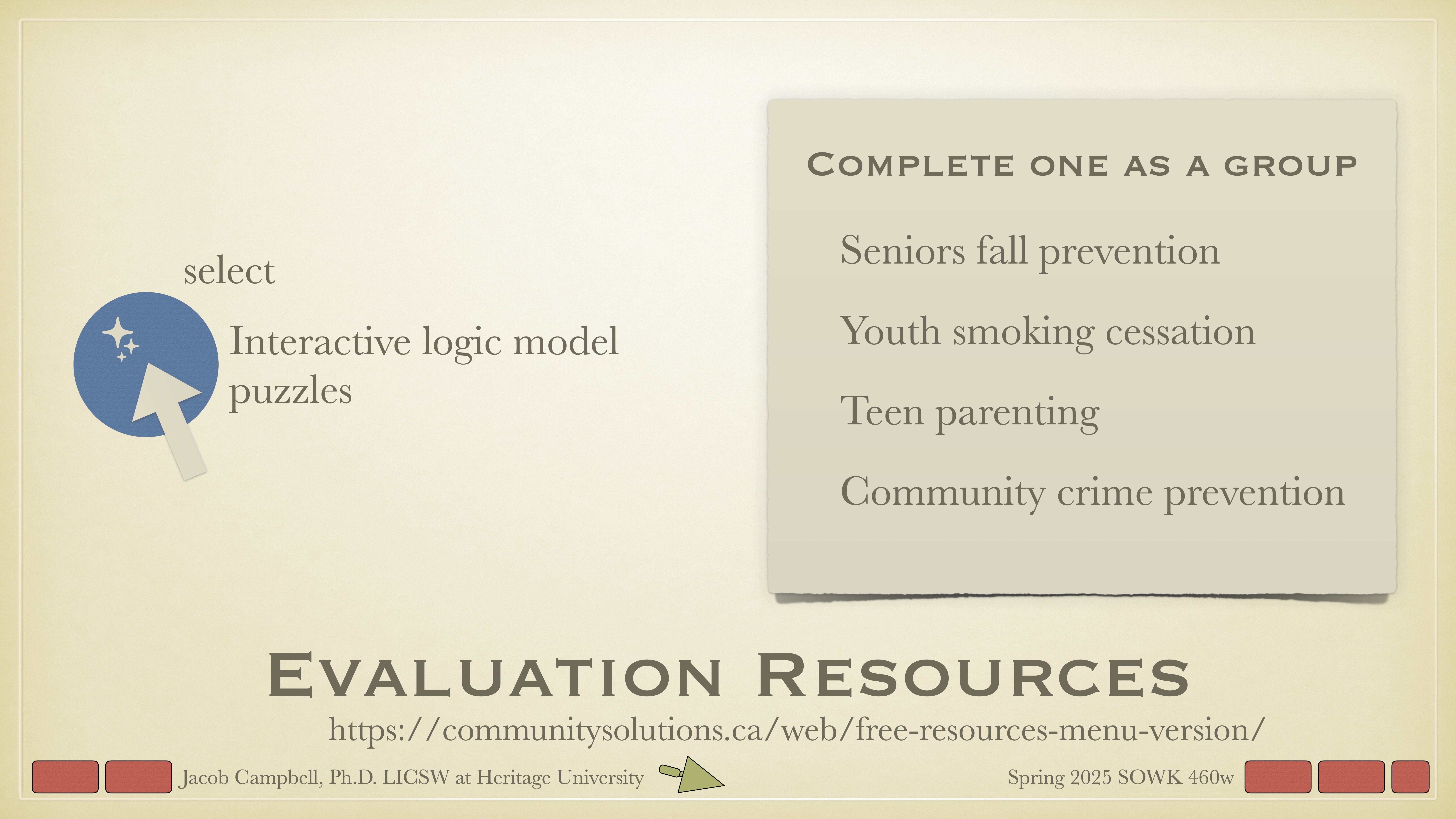 A presentation slide features instructions for group activities. A cursor points to 'Interactive logic model puzzles.' Options include 'Seniors fall prevention,' 'Youth smoking cessation,' 'Teen parenting,' 'Community crime prevention.' At the bottom, it reads 'Evaluation Resources,' with a URL and course details.