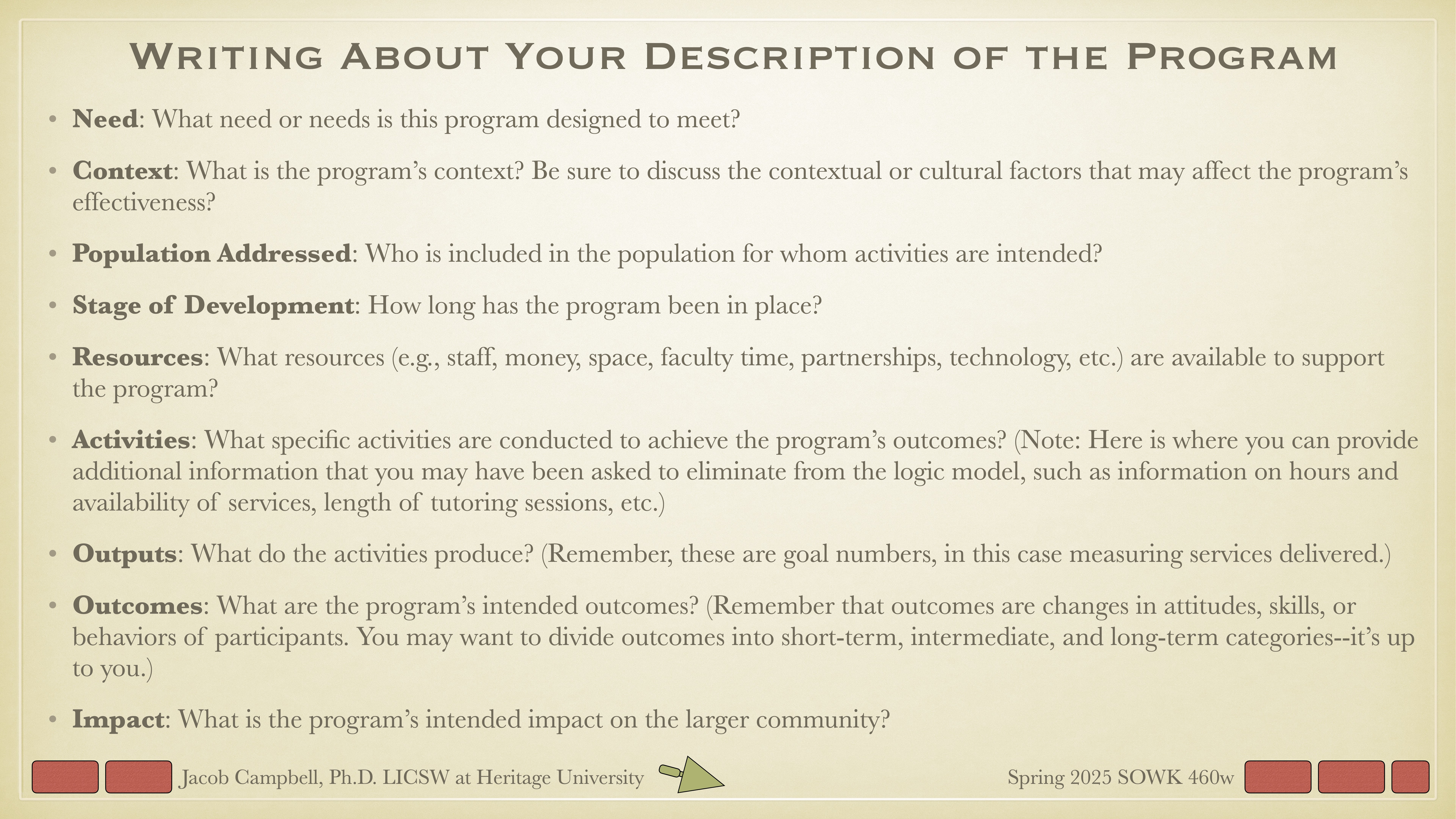 A presentation slide titled 'Writing About Your Description of the Program' includes several guiding questions: Need, Context, Population Addressed, Stage of Development, Resources, Activities, Outputs, Outcomes, and Impact. Jacob Campbell, Ph.D., Heritage University, Spring 2023 SWOK 460w.