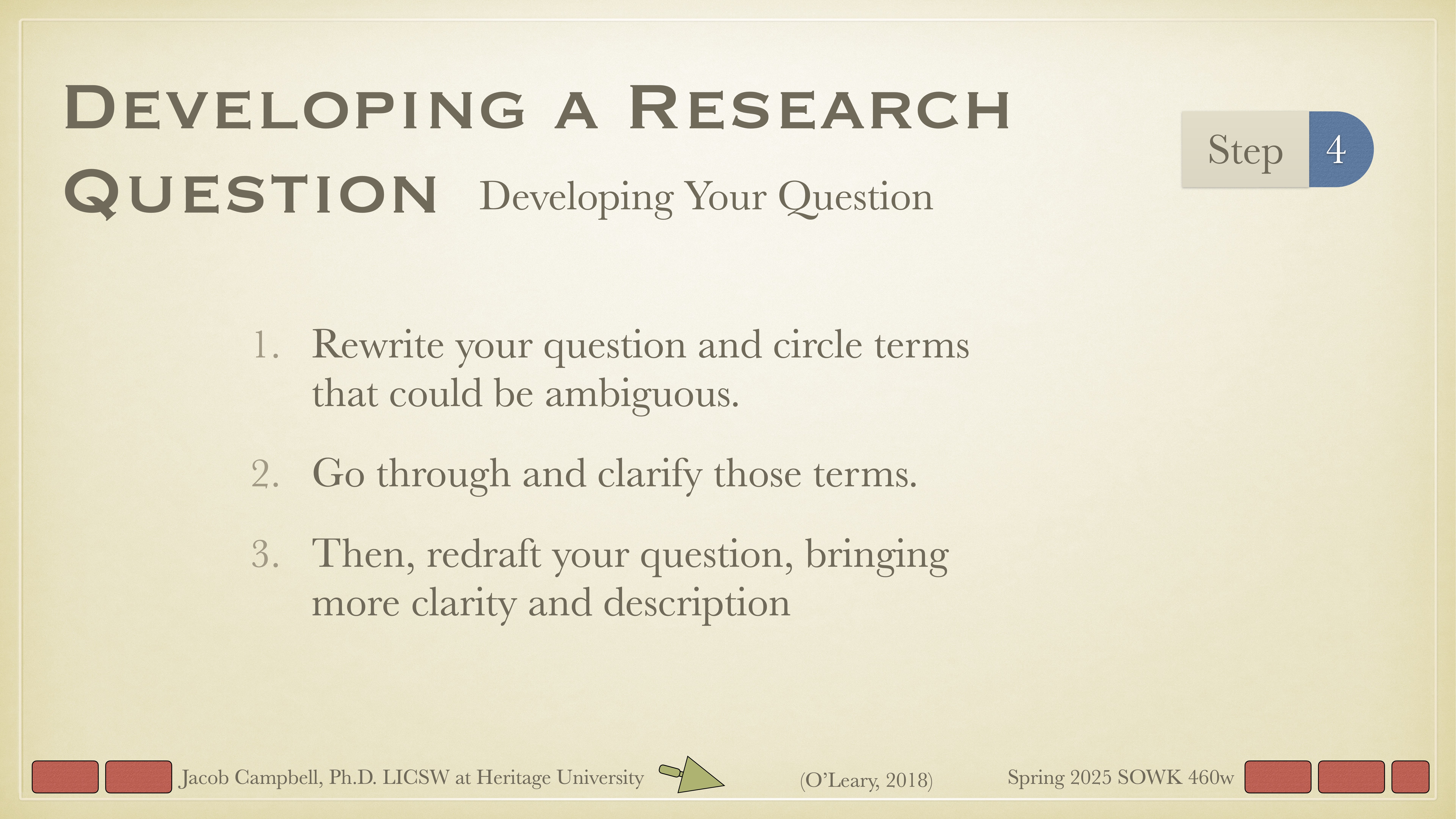 Slide titled 'Developing a Research Question' lists steps to refine questions: 1. Identify ambiguous terms. 2. Clarify them. 3. Redraft for clarity. Context includes academic credits and course info.