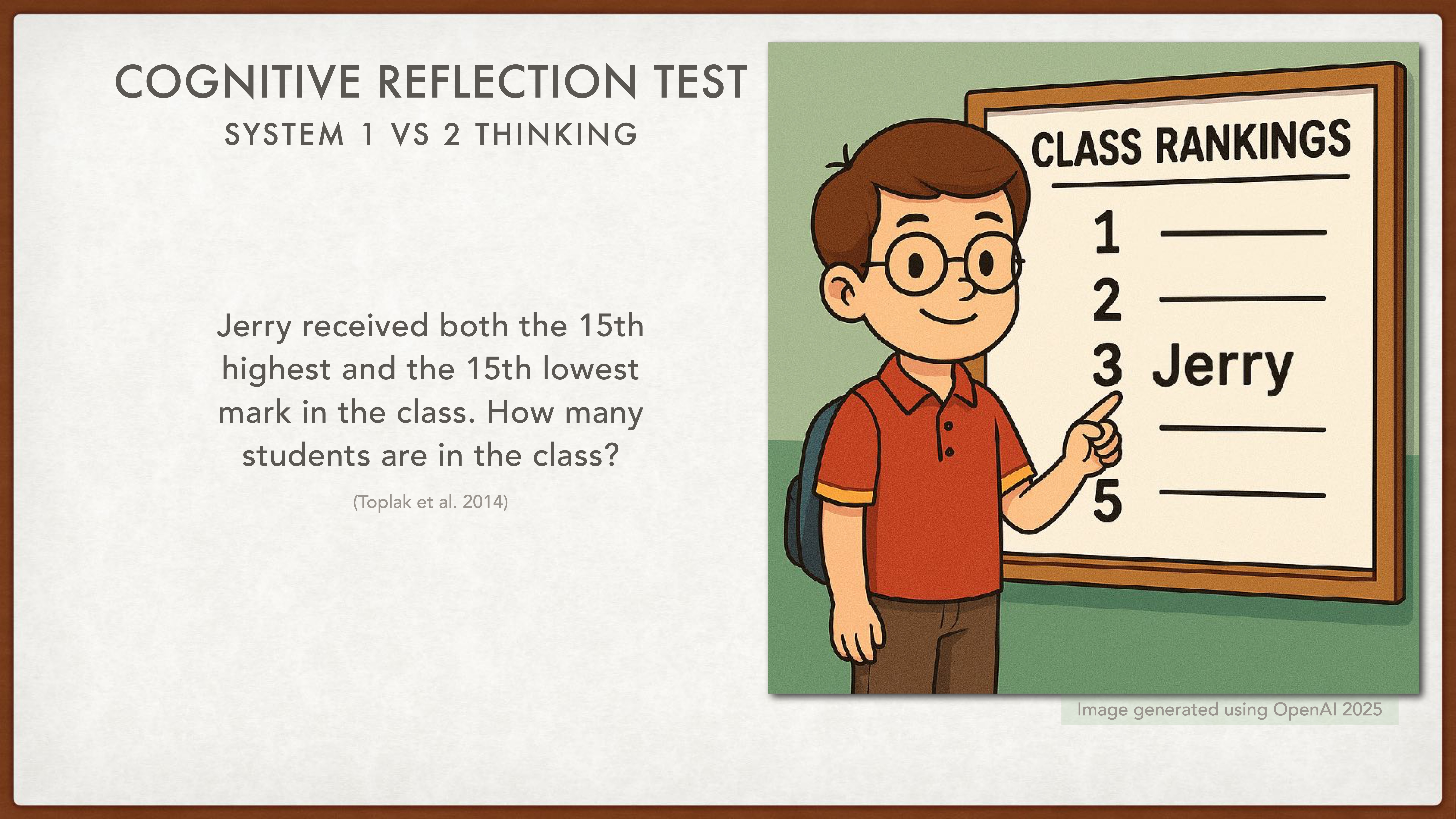 A cartoon boy points at a 'Class Rankings' board listing names, with 'Jerry' at number three. Text on the slide reads: 'Jerry received both the 15th highest and the 15th lowest mark in the class. How many students are in the class?'