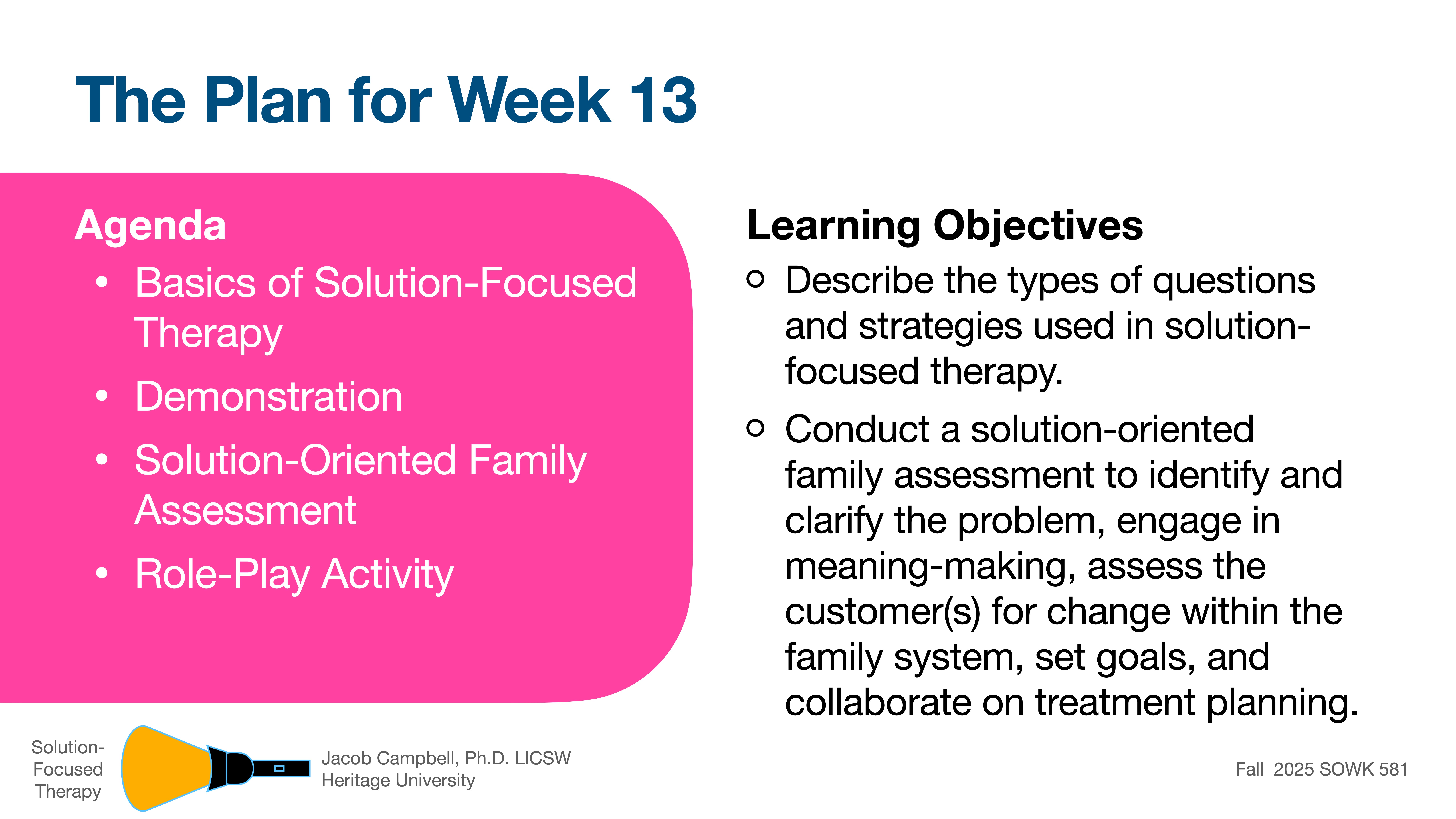 The slide outlines a plan for 'Week 13' in a presentation. The 'Agenda' column includes basics of solution-focused therapy, demonstrations, solution-oriented family assessment, and a role-play activity. The 'Learning Objectives' focus on describing questions and strategies, conducting solution-oriented assessments, and collaborating on treatment planning. The slide is from Jacob Campbell, Ph.D., LICSW, Heritage University, Fall 2025 SOWK 581.