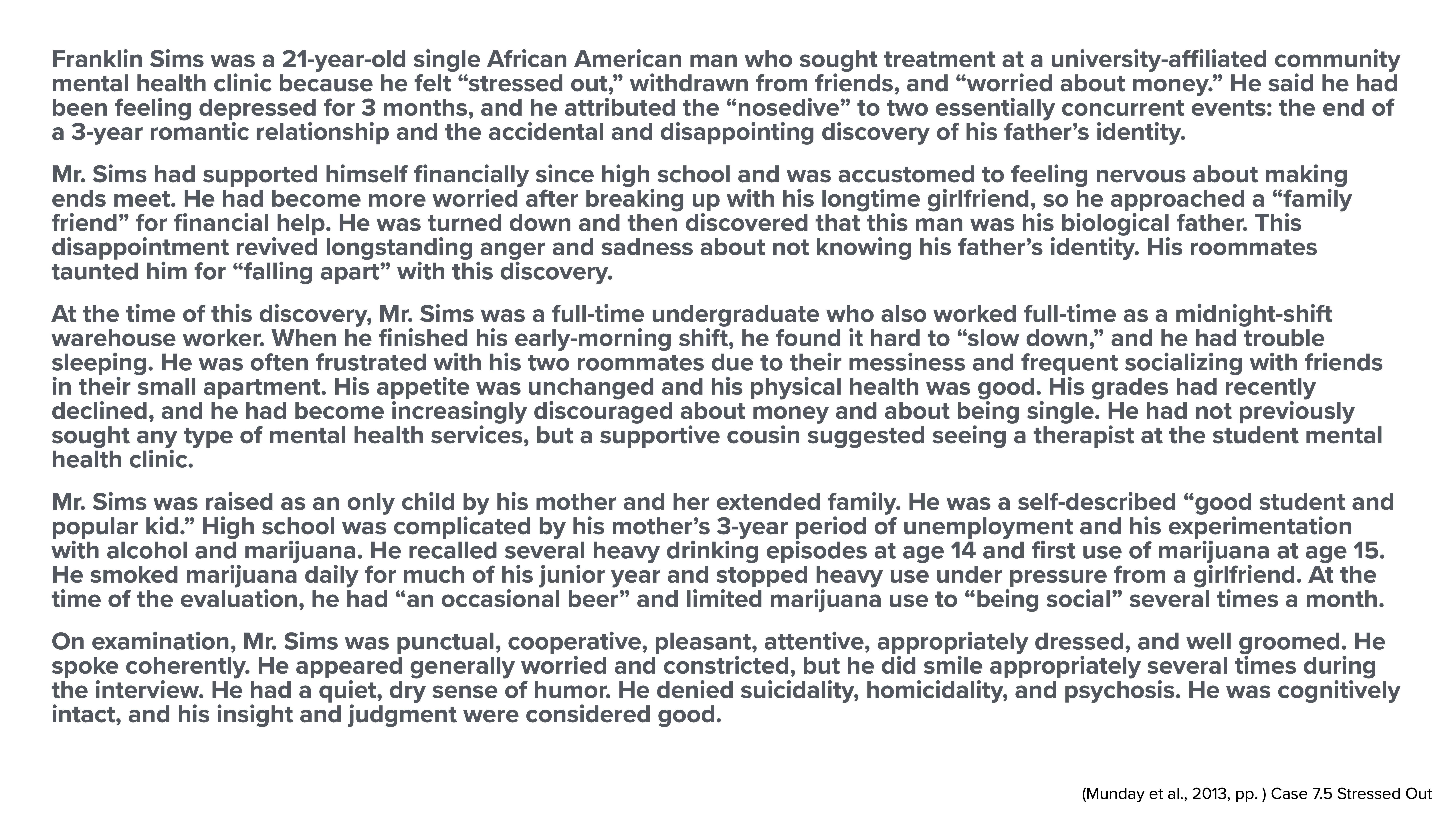 The slide features a case study text about Franklin Sims, a 21-year-old experiencing stress from financial issues, familial revelations, and substance use. He sought mental health care, feeling depressed and withdrawn.