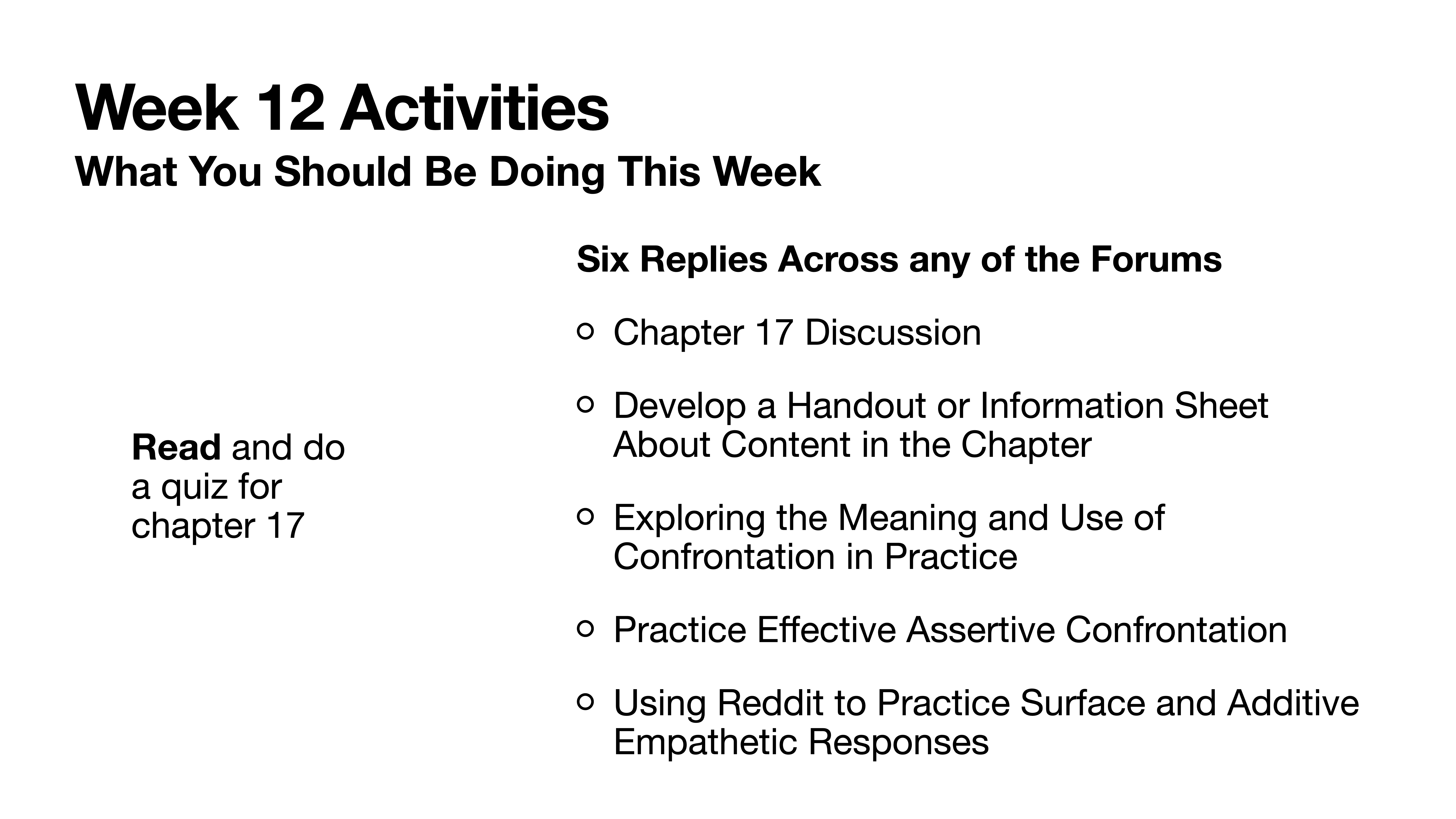 Slide detailing 'Week 12 Activities' features a list of tasks, including reading Chapter 17, participating in forums, creating handouts, and practicing confrontation skills using Reddit.