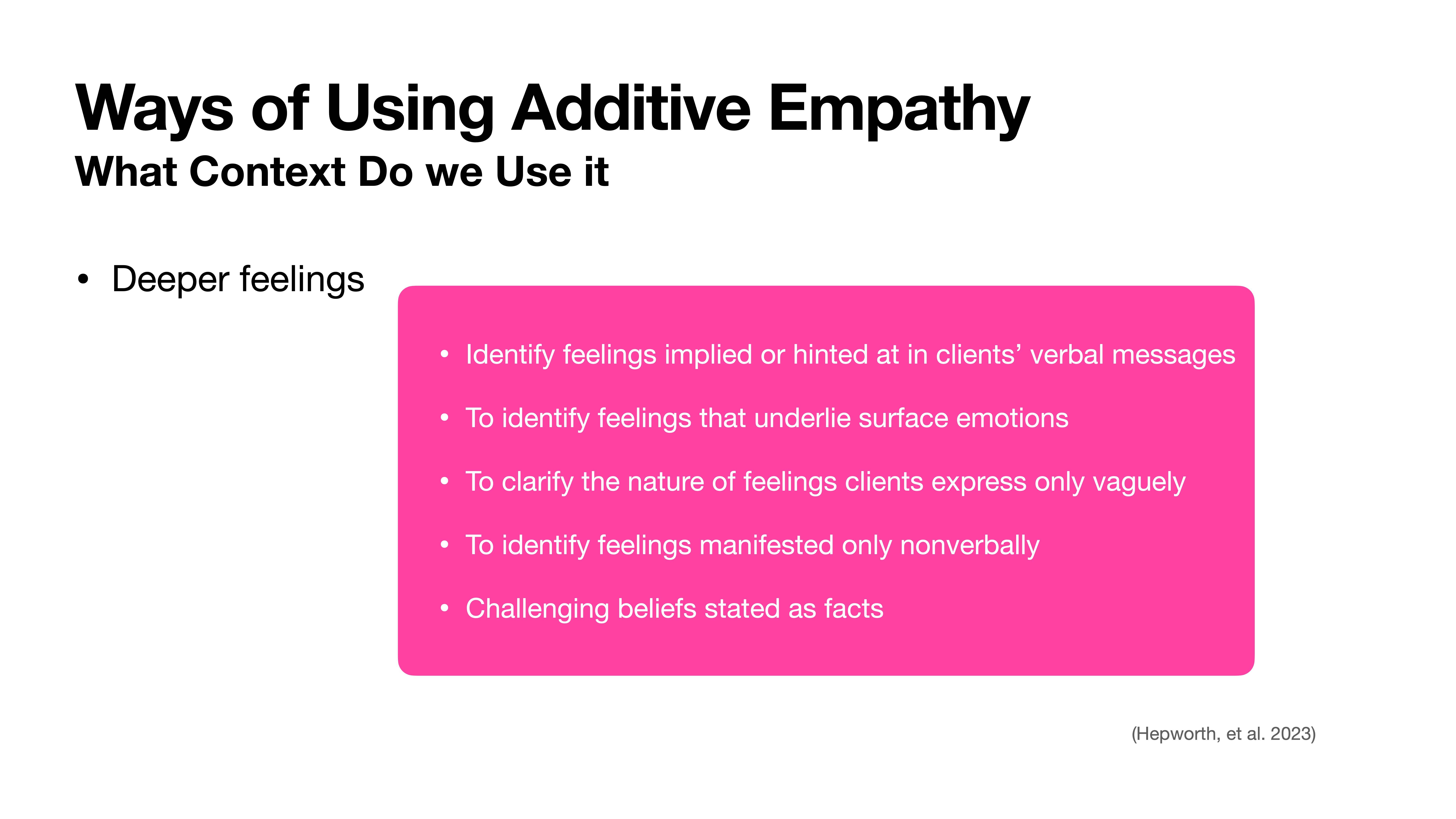 **Slide:** Title reads 'Ways of Using Additive Empathy.' A bullet point for 'Deeper feelings' introduces a pink box listing five ways to identify and clarify feelings, with a citation '(Hepworth, et al. 2023).'