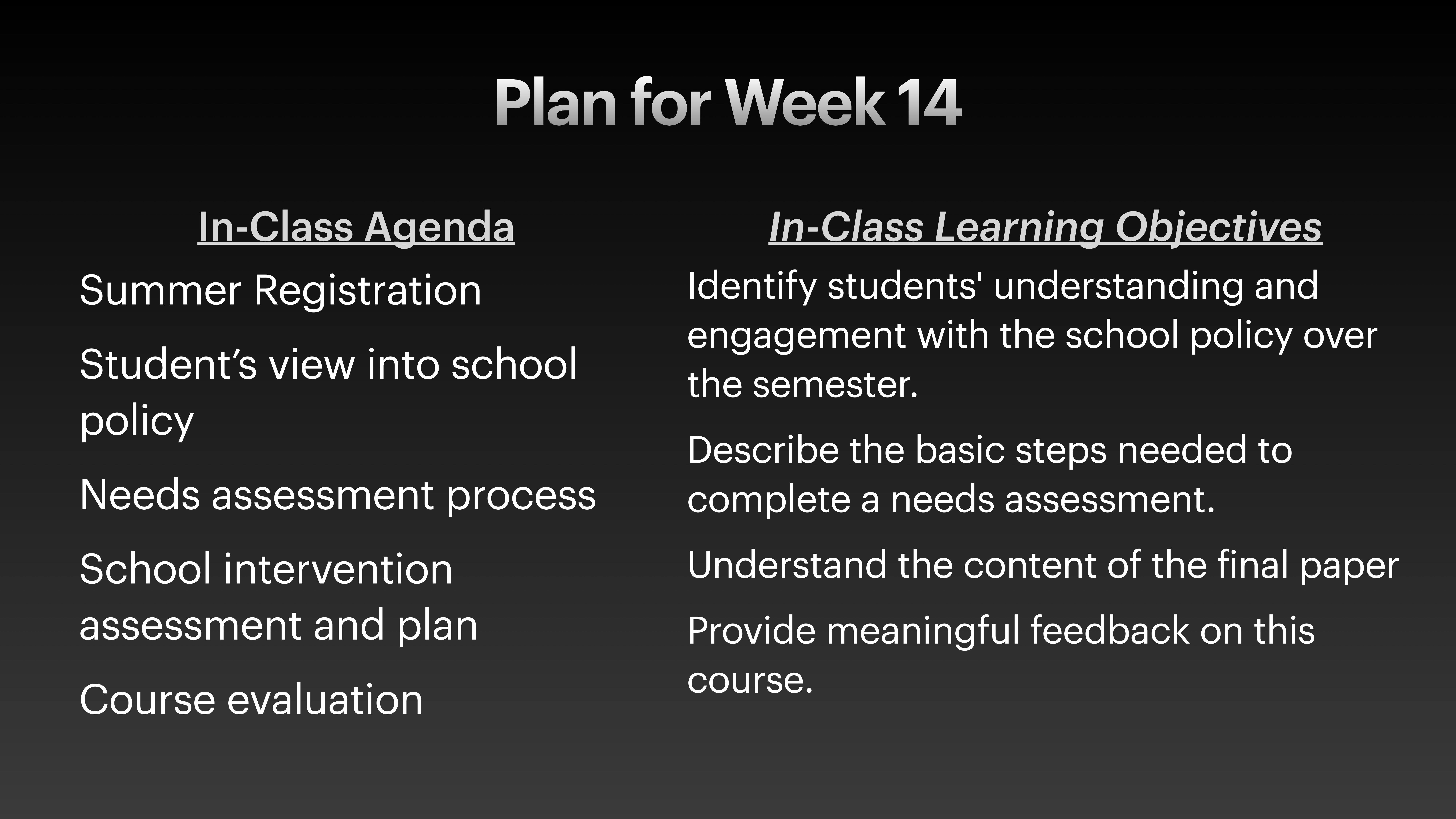The slide features a weekly plan. **In-Class Agenda** lists 'Summer Registration,' 'Student’s view into school policy,' 'Needs assessment process,' 'School intervention assessment and plan,' and 'Course evaluation.' **In-Class Learning Objectives** include identifying student engagement with school policy, describing steps for needs assessment, understanding the final paper, and providing course feedback. The background is black.