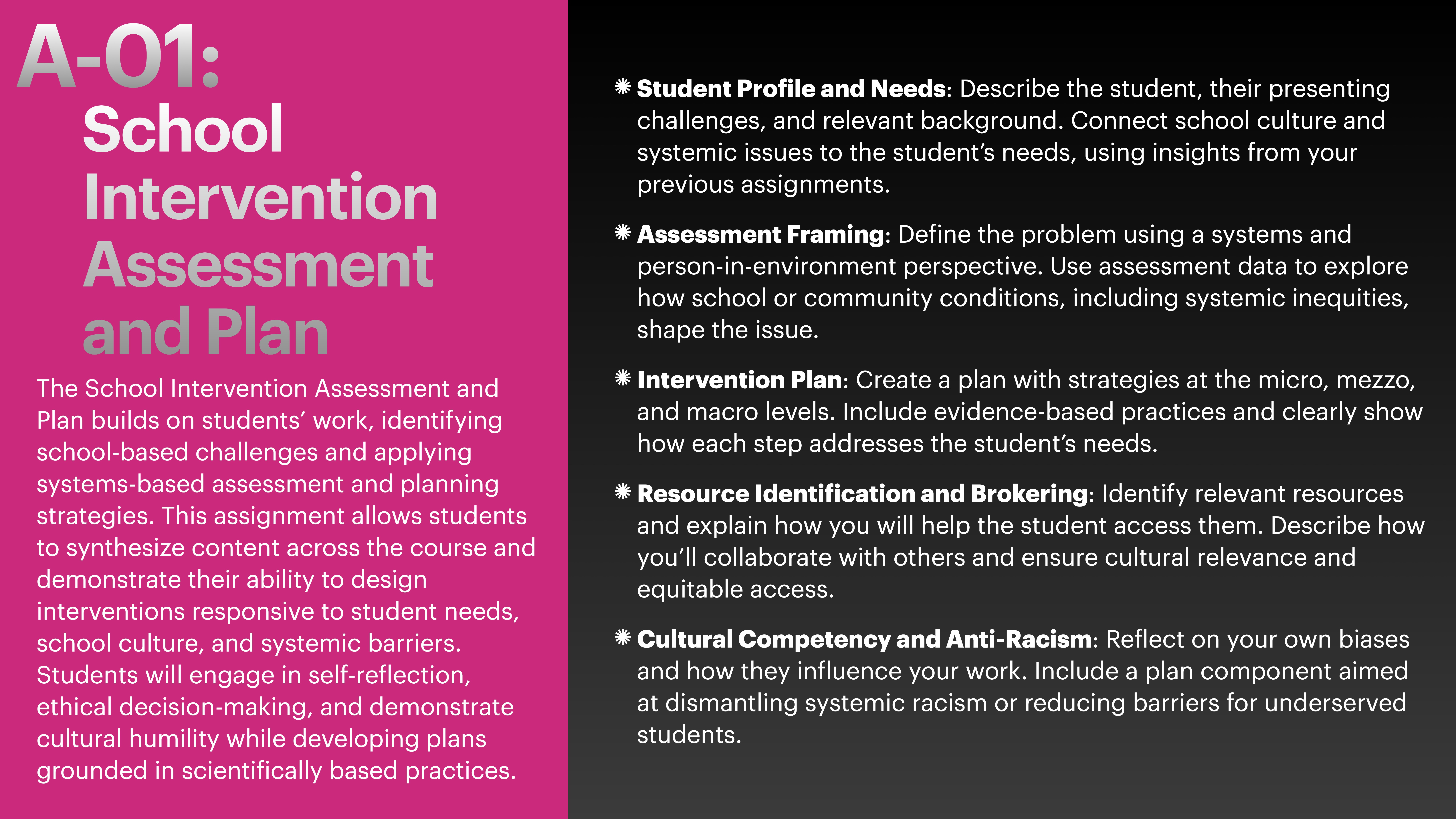**Object:** Presentation slide**Action:** Displays text detailing a plan**Context:** The slide, titled 'A-01: School Intervention Assessment and Plan,' outlines strategies including student profiles, assessment framing, and cultural competency. It emphasizes planning with evidence-based practices and addressing student needs.**Text:** - *Student Profile and Needs:* Describe the student, challenges, background.- *Assessment Framing:* Define the problem; use analysis.- *Intervention Plan:* Create a strategy plan.- *Resource Identification and Brokering:* Identify resources.- *Cultural Competency and Anti-Racism:* Reflect on biases.