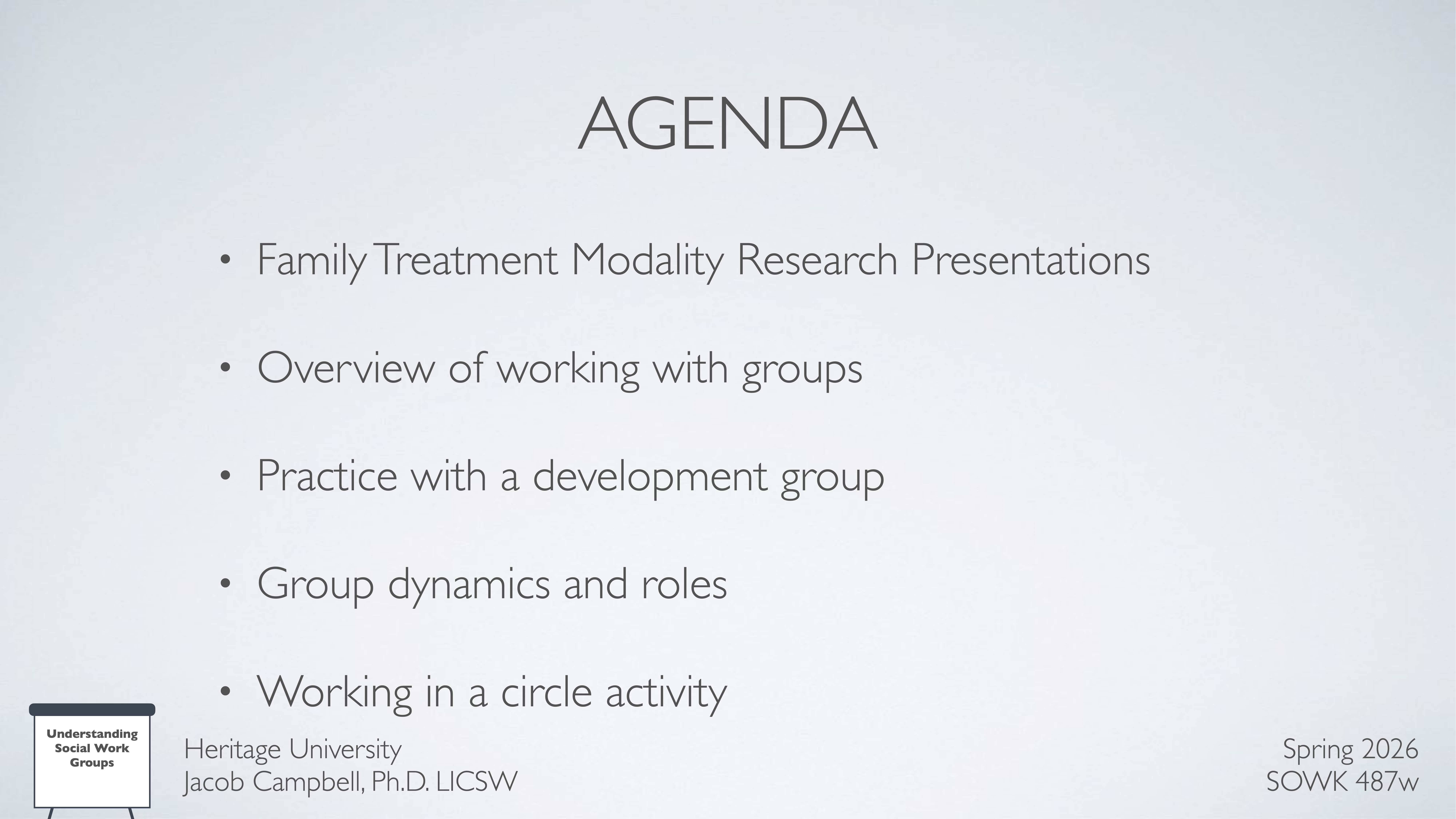 The image shows a presentation slide with the title 'AGENDA.' It lists topics: 'Family Treatment Modality Research Presentations,' 'Overview of working with groups,' 'Practice with a development group,' 'Group dynamics and roles,' and 'Working in a circle activity.' It notes 'Heritage University,' and 'Jacob Campbell, Ph.D. LICSW.' The bottom right reads 'Spring 2026, SOWK 487w.'