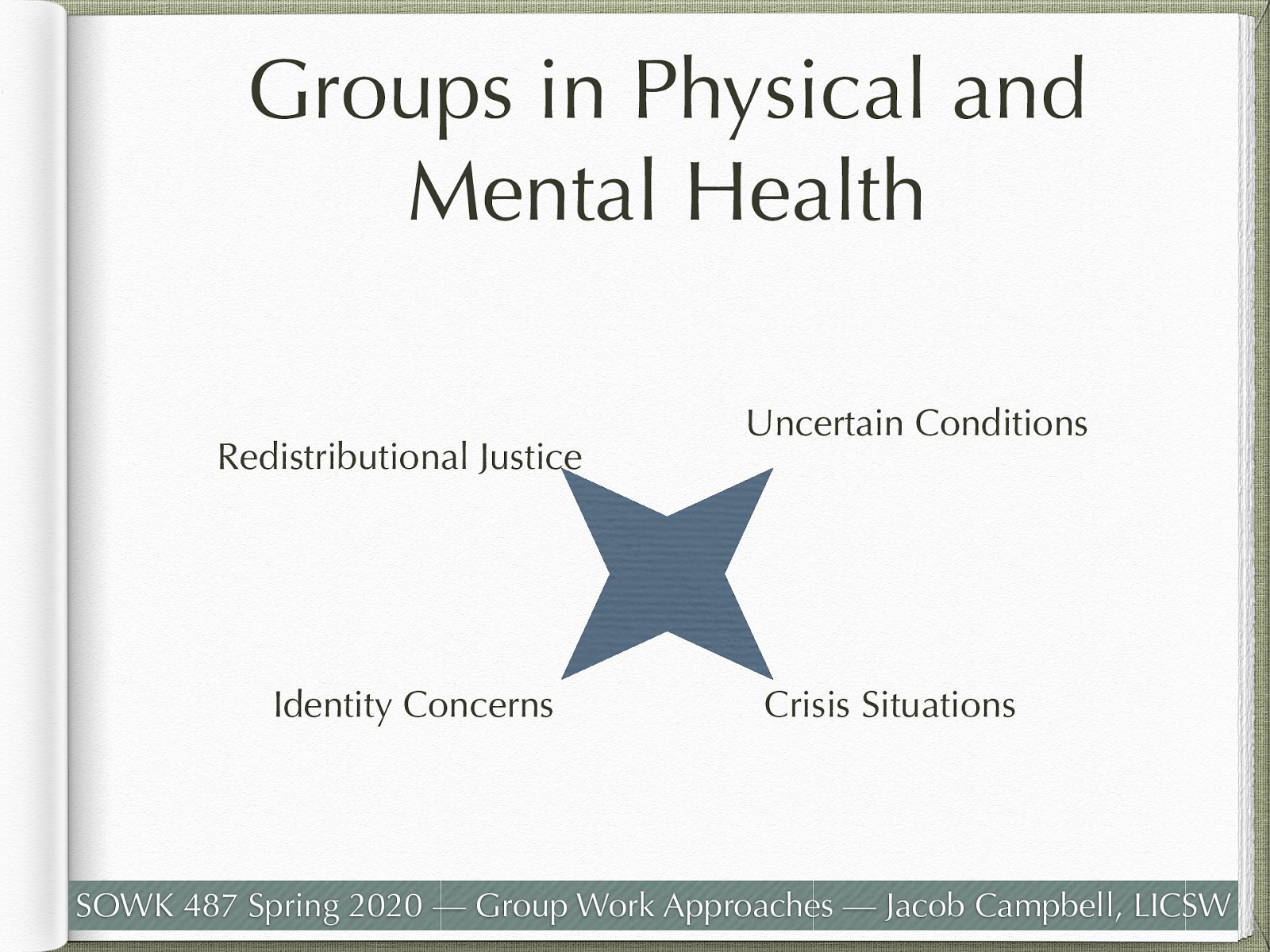  Getzel (2012) describes four variables that should be considered in who should be placed in groups in a health care setting and intervened in during the group cycle.    Uncertain Conditions: Frequently at begging phase, but can occur whenever. Role to encourage explorations of group conflicts as problems for the members to solve together  Crisis Situations: Crisis happens  we can't take an 