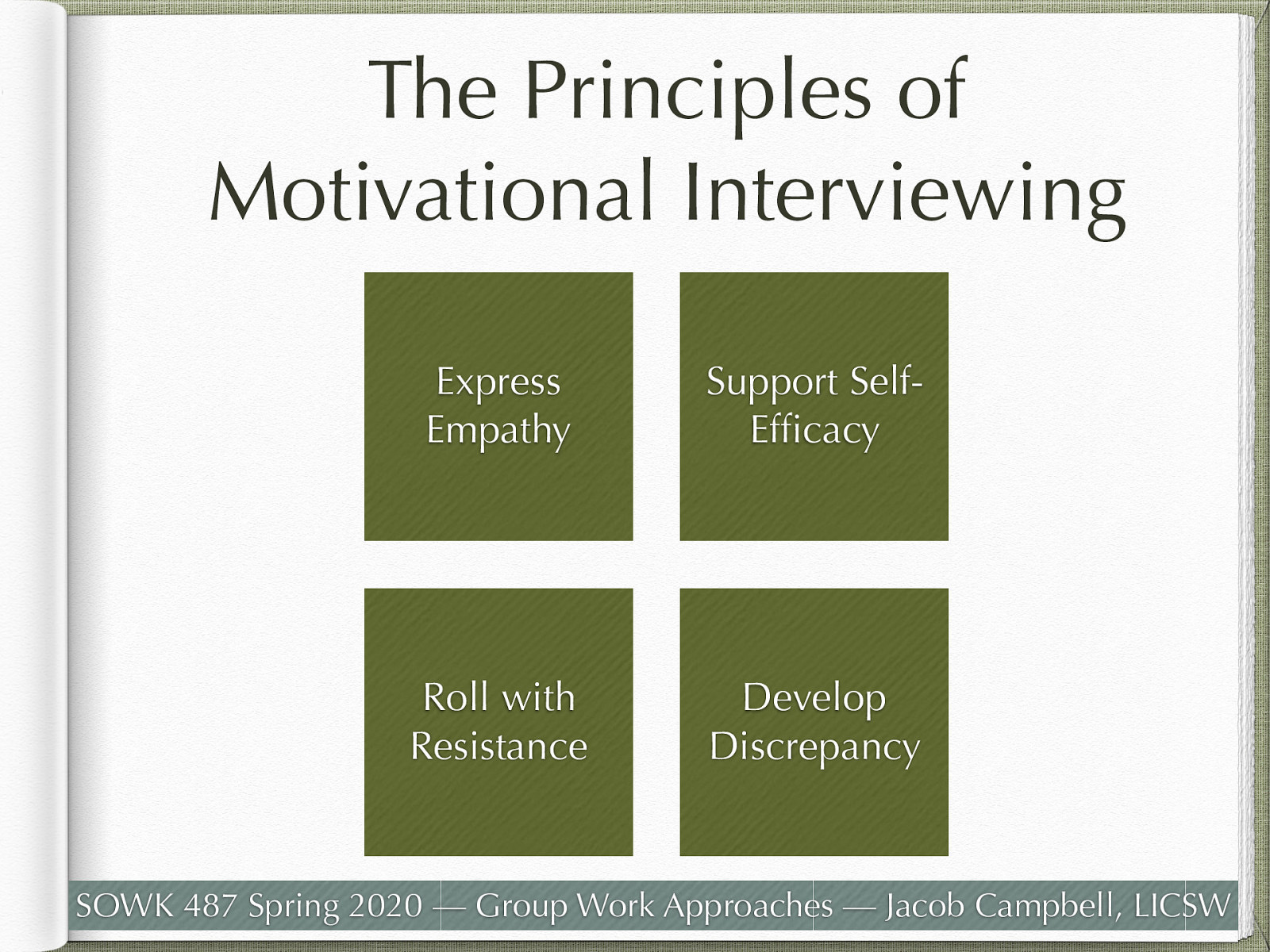  The book discusses how to deal with discrepancy. Developing discrepancy is one of the four guiding principles in Motivational Interviewing. Building on and bringing to life the elements of the MI 